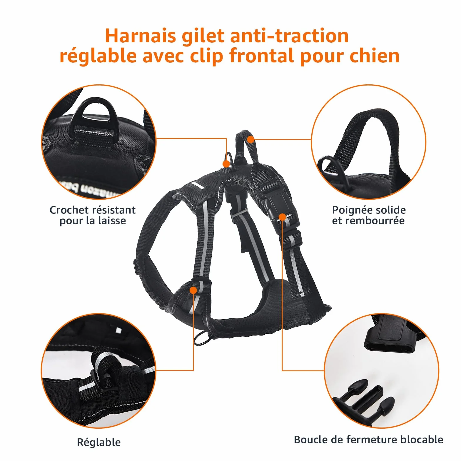 Amazon Basics Harnais pour chien sans traction réglable rembourré bandes réfléchissantes Noir Taille M