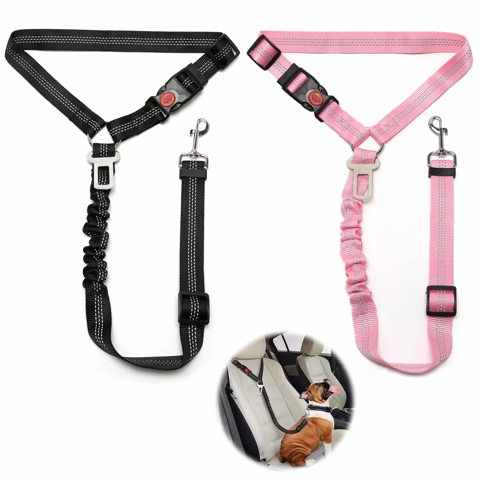 Ceinture Sécurité Chien Voiture Réglable 2 Pièces, Coussin Anti-Vibration Noir Rose