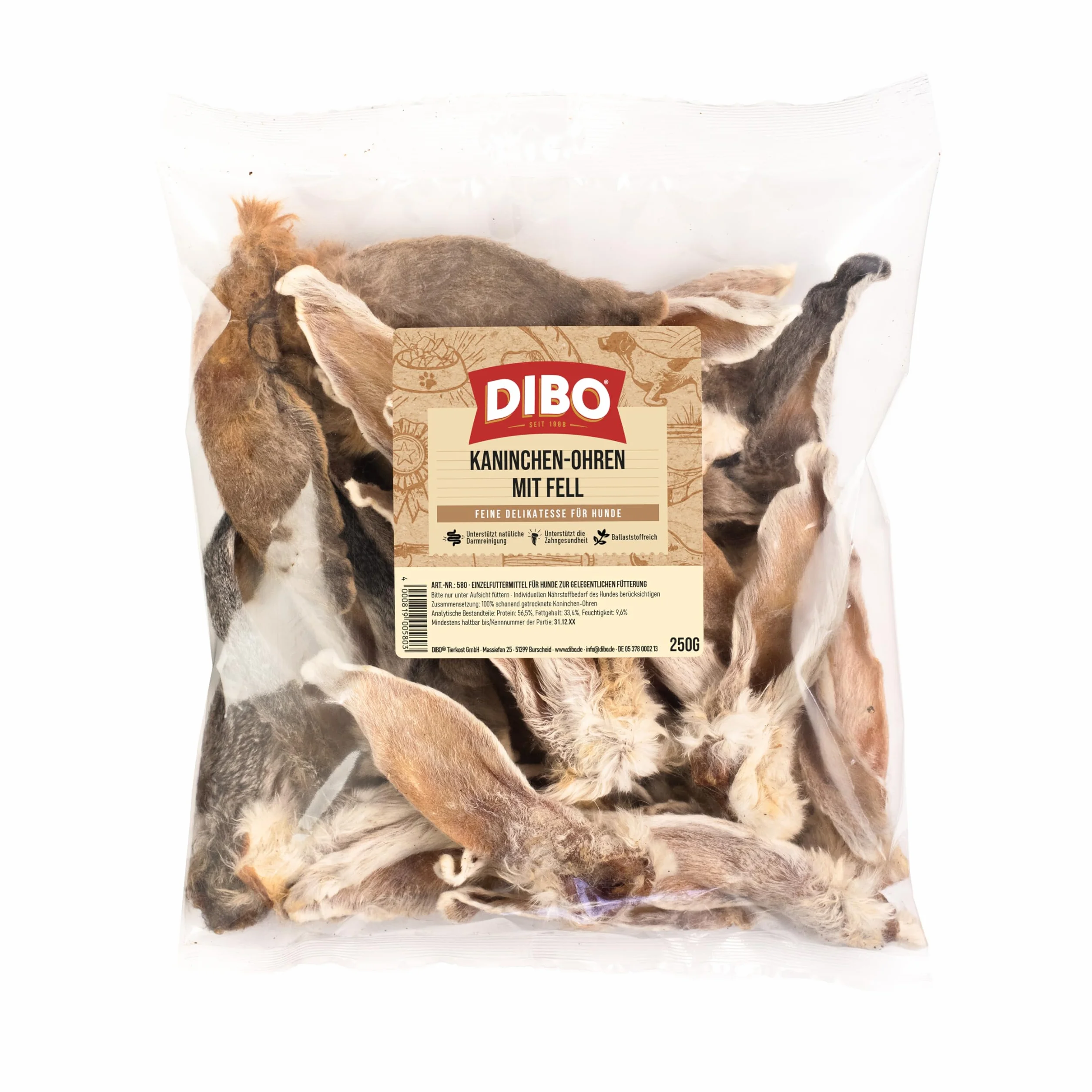 DIBO Oreilles de Lapin avec Fourrure, Sachet de 250 g – Friandise à mâcher Naturelle 100% séchée en Douceur pour Chien, Nettoyage Naturel du côlon, friandises Naturelles et adaptées à l'espèce