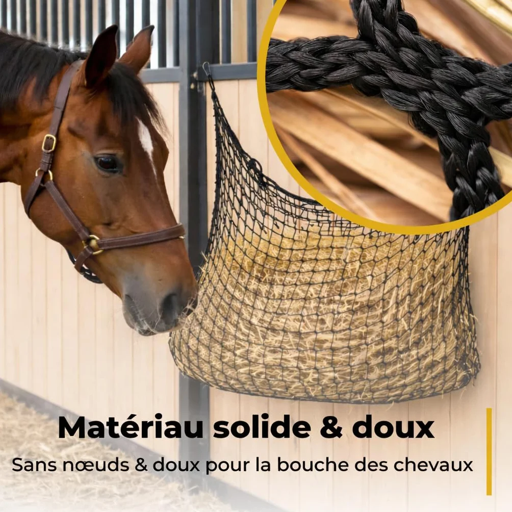 Filet à foin pour chevaux 90×120 cm maille étroite 4,5 cm mousqueton Slow Feeder