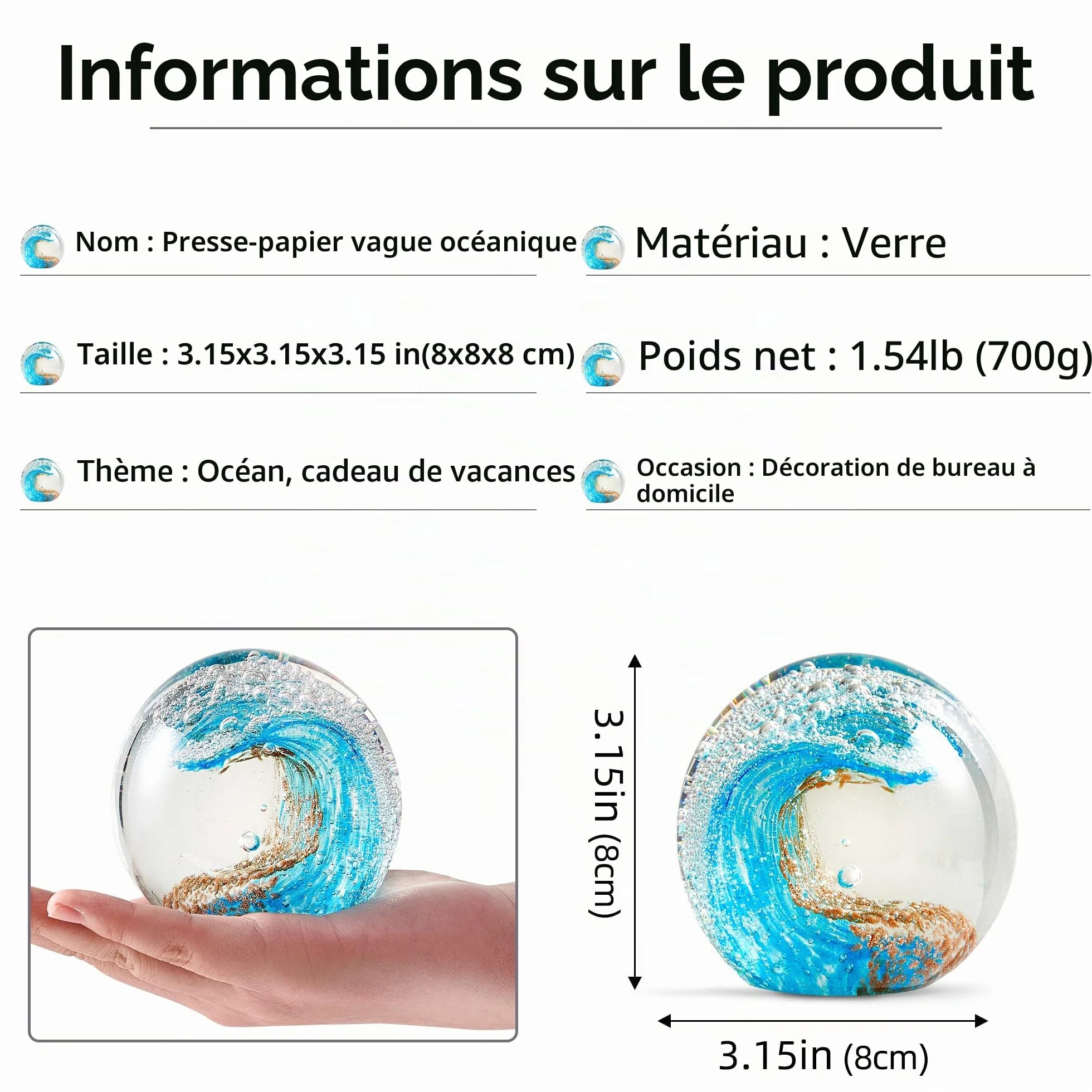 EUSTUMA Figurines en Verre Boule Océan Vagues Presse-Papier Déco Maison Collection