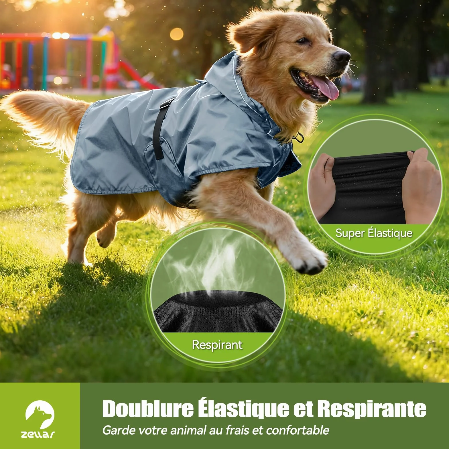 Manteau de Pluie Imperméable pour Chien Zellar, Adjustable et Léger avec Bande Réfléchissante & Passage pour la Laisse, Enfilage Facile, Manteau Chien Imperméable pour Chiens Moyens et Grands, M Gris