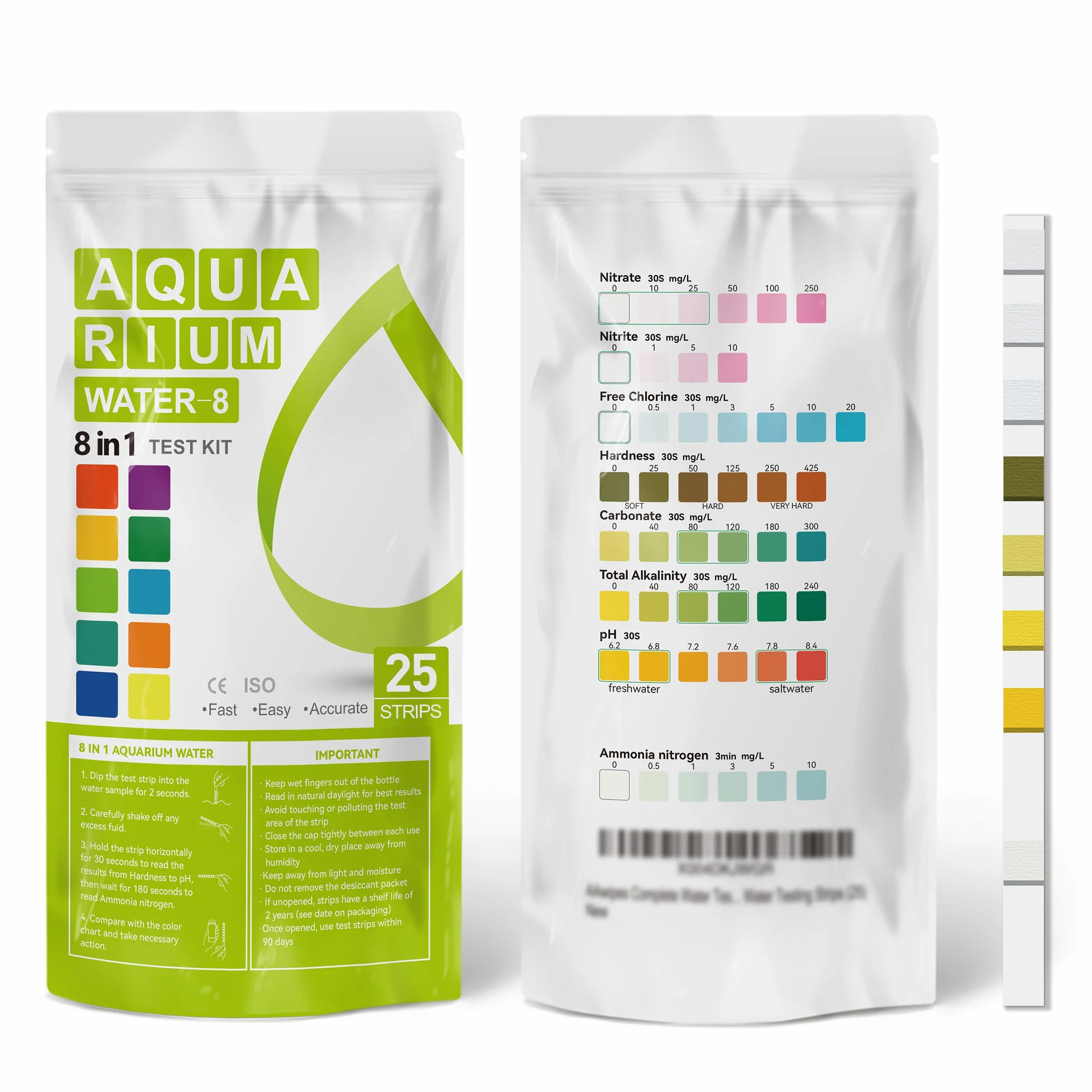 AAWipes Lot de 25 bandelettes de test d'ammoniaque pour aquarium, test rapide et précis, pH, carbonate, alcalinité, dureté, chlore, nitrite