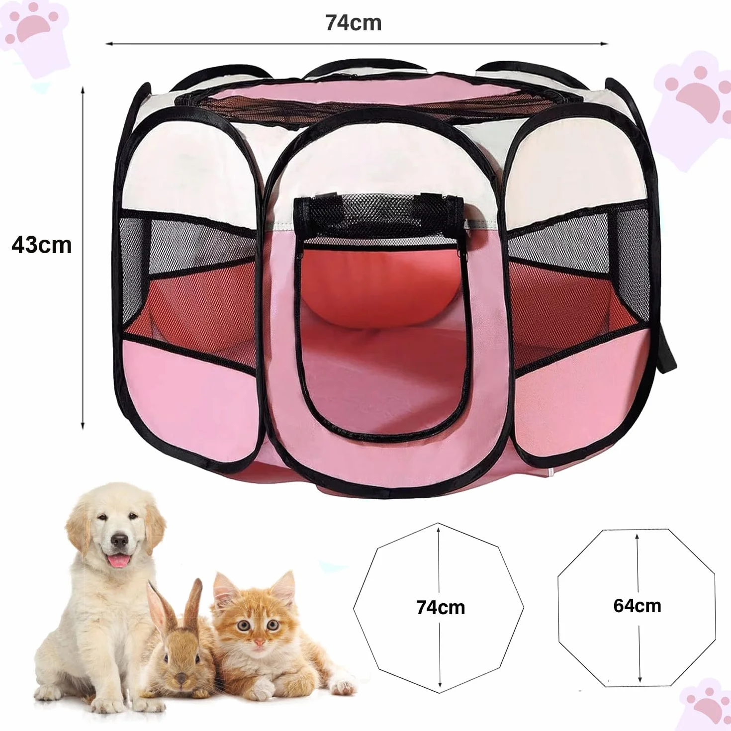 Boîte à Chiots Pliable 74 x 74 x 43 cm Rouge Rose pour Chat Lapins Intérieur Extérieur