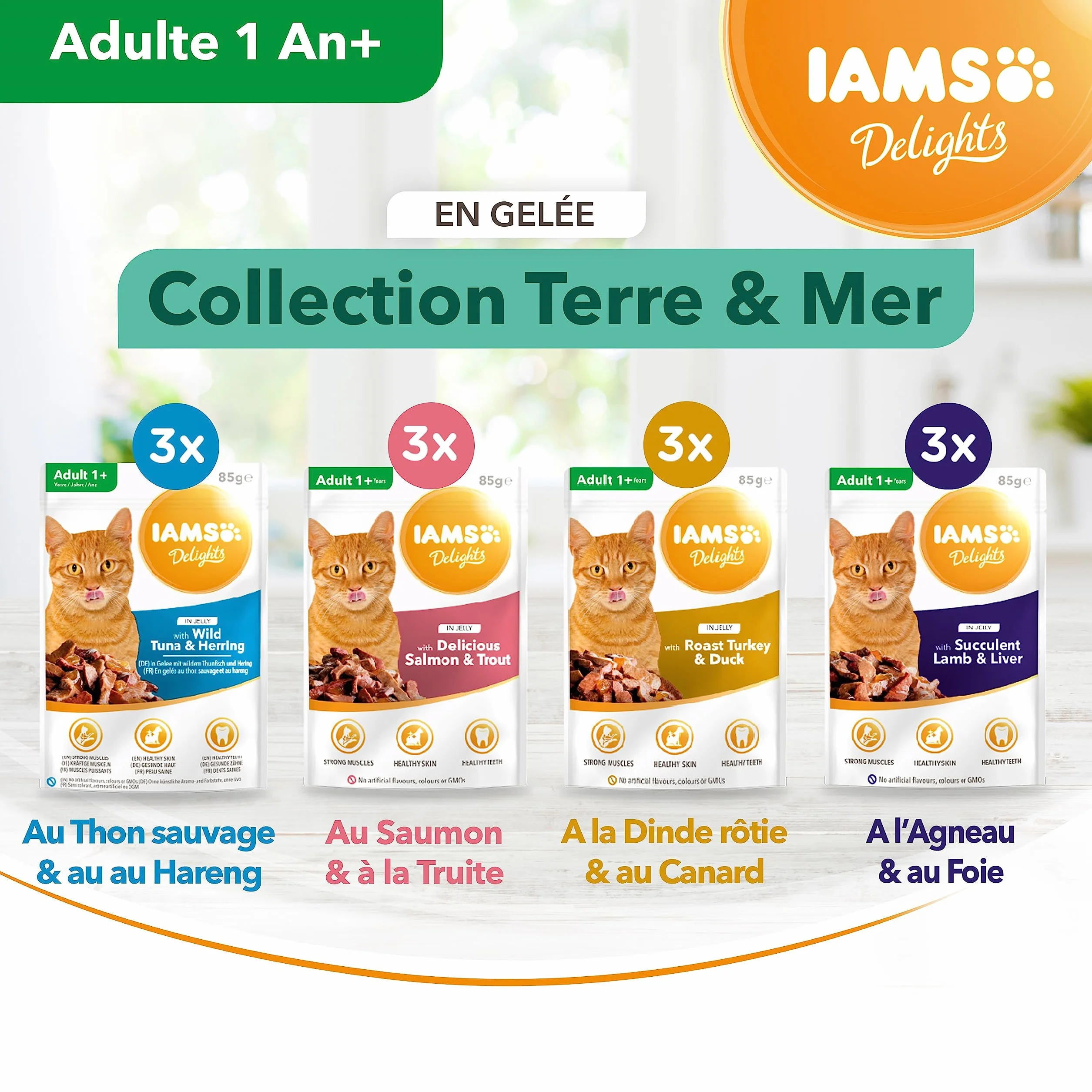 IAMS Chat Adulte Nourriture Humide Gelée Terre&Mer Land&Sea Collection 12x85g