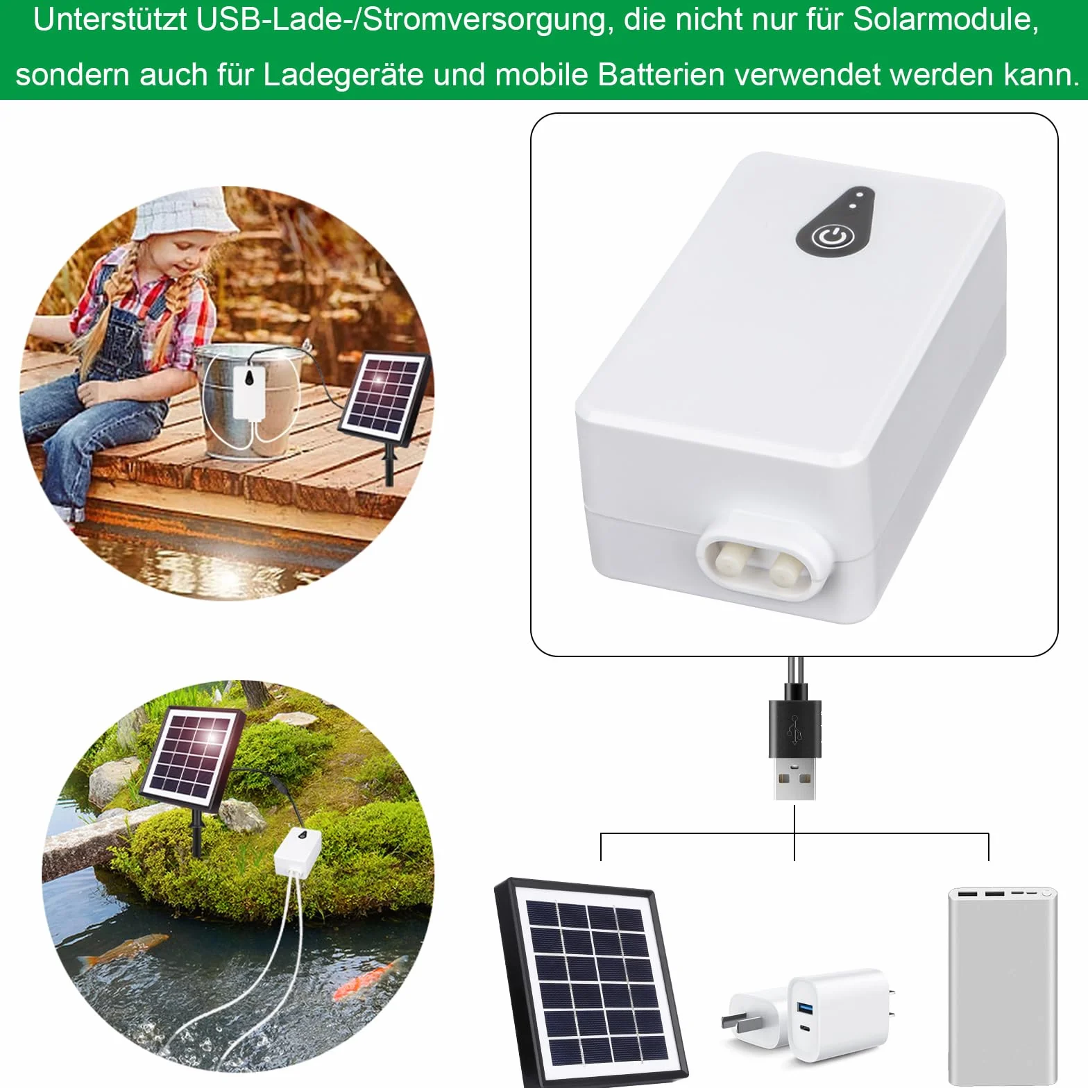 Pompe à air solaire 2W pour aquarium, aérateur de pêche avec tube et pierres à bulles, chargement USB