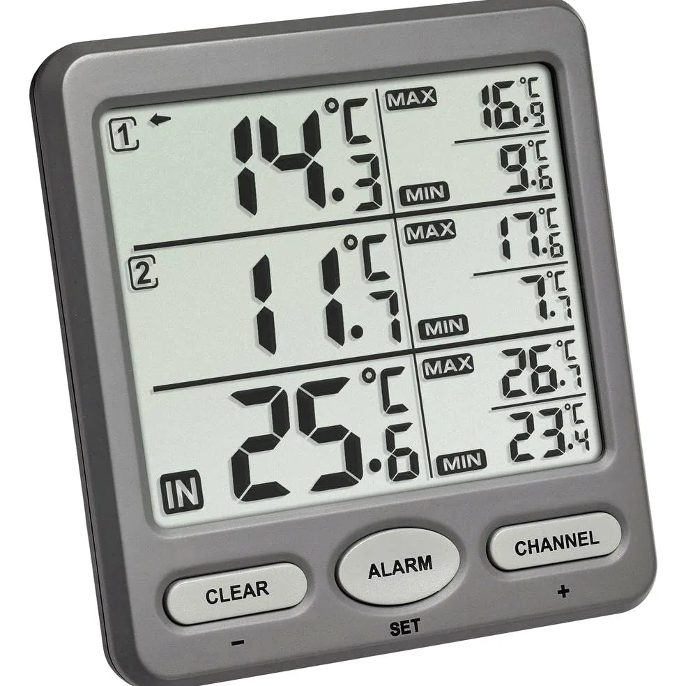 TFA Dostmann Thermomètre intérieur extérieur TRIO, 30.3062.10, sans fils, numérique, avec 2 capteurs extérieurs, mode d'emploi en francaise, anthracite