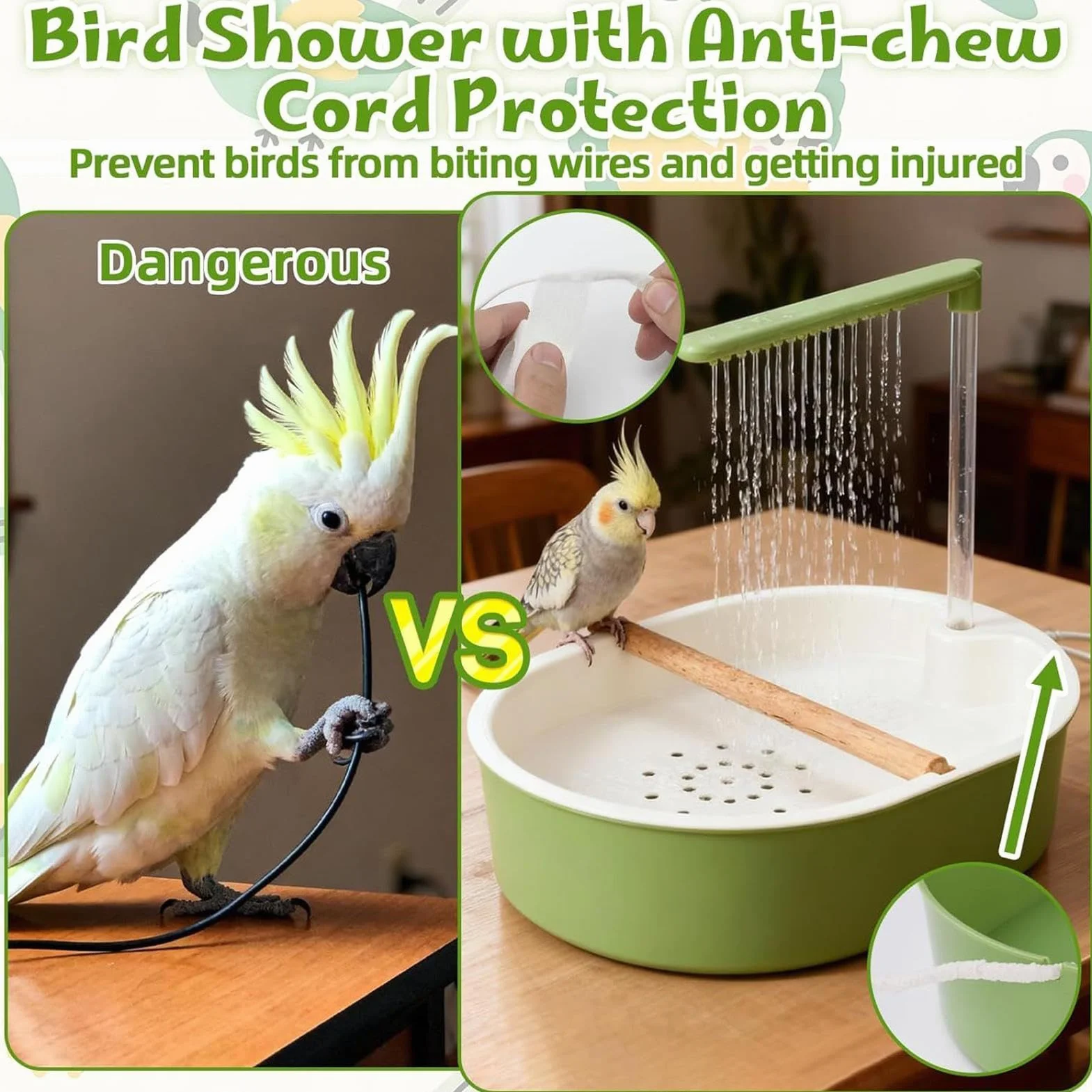 Douche pour Perroquet Automatique avec Eau en Circulation, Pompe Silencieuse et Chargement USB
