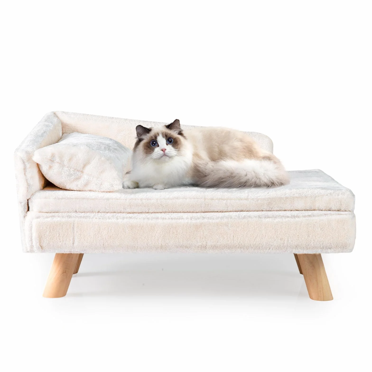 COSTWAY Canapé Lit pour Chien Chat 30/50 kg, Oreiller Coussin Amovibles, Pieds Bois, Panier Chien Chat Moyens Petits, Dossier Haut, Beige 71x43x40 cm