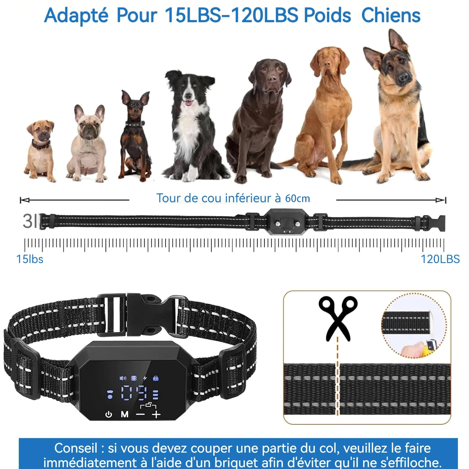 Collier Anti aboiement de Dressage Confozen 3 Warning Modes-Sangle réfléchissante réglable-Rayon de portée 30-300 m pour 15-120LBS GPS Dog Collar