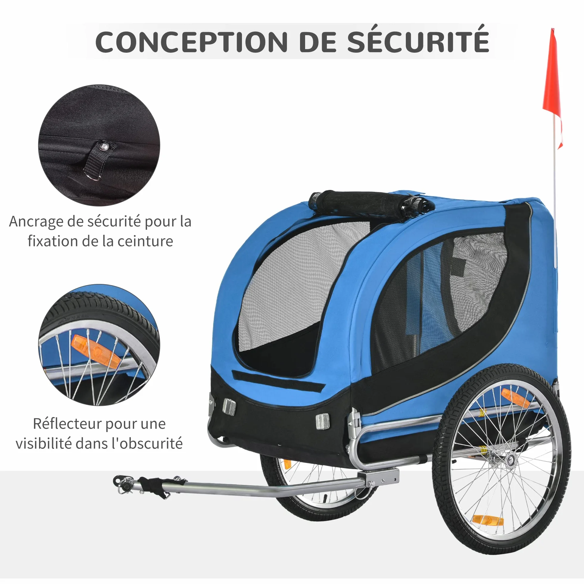 PawHut Remorque Velo pour Chien Animaux avec 8 Reflecteurs Drapeau Bleu Noir