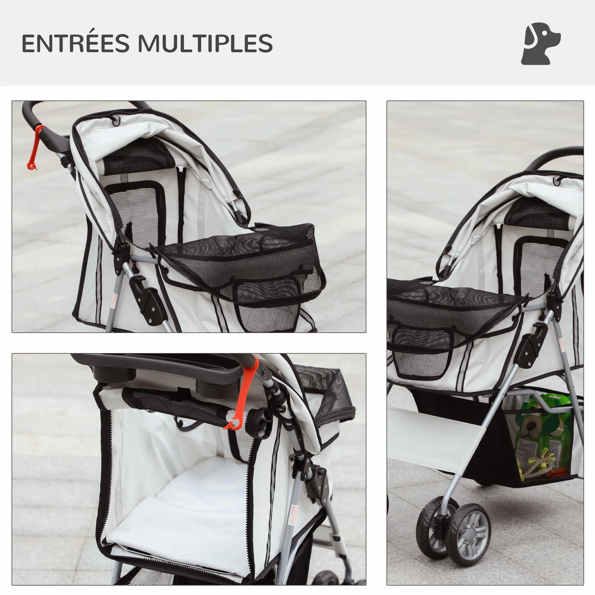 PawHut Poussette Buggy Pliable Animaux Imperméable pour Chien et Chat, Tissu 600D Oxford, Toit Amovible, Gris