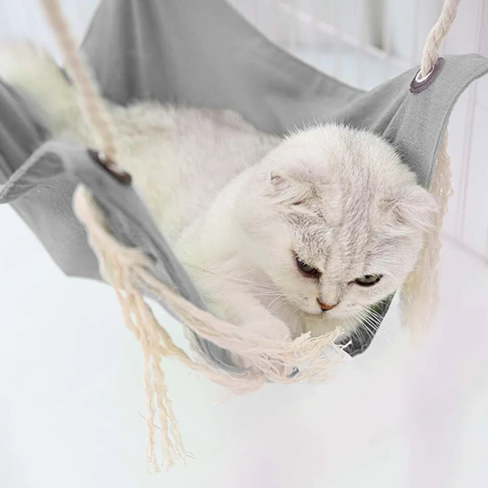 DONGKER Hamac Cage pour Chat,Nid Suspendu Respirant pour Animaux de Compagnie en Coton et Lin avec 4 Crochets pour Chats de Moins de 7Kg/15 Lbs Lapins Furets Chinchillas