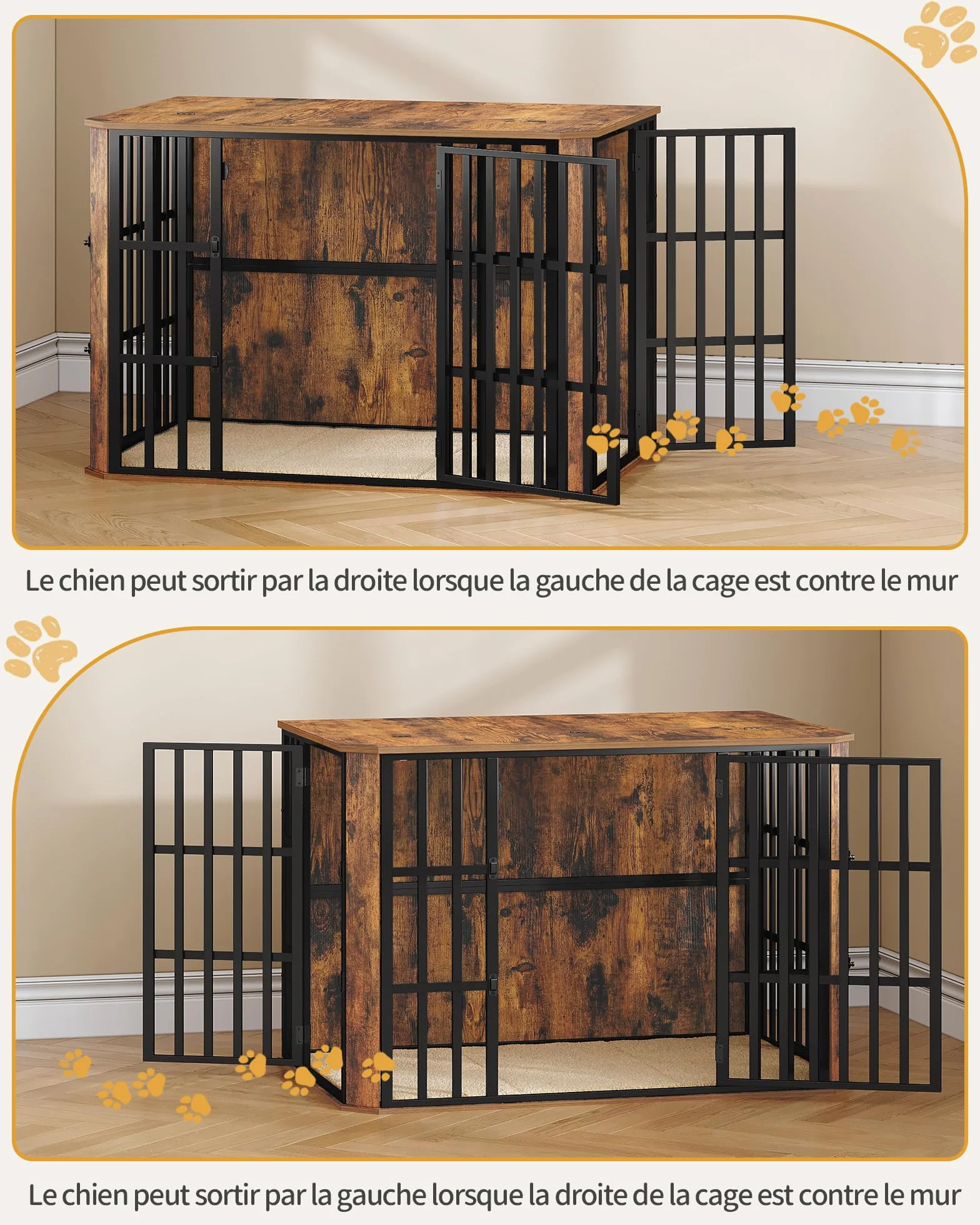 Cage pour Chien en Bois Hzuaneri, 120 x 75 x 81 cm, Marron Rustique, Multi-Portes