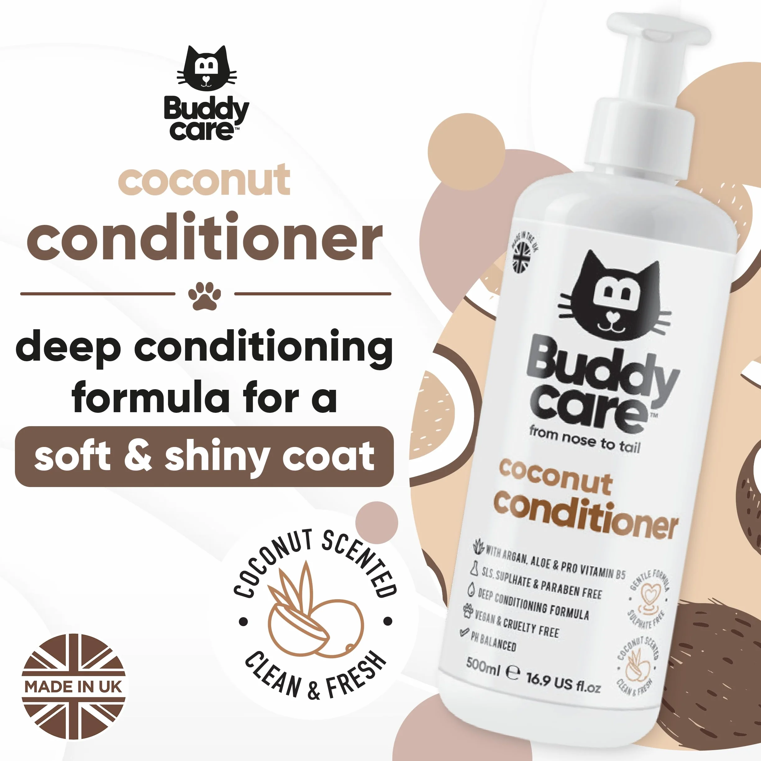 Buddycare Coconut Cat Après-shampoing pour Chat 500 ml pH équilibré sans sulfate sans paraben