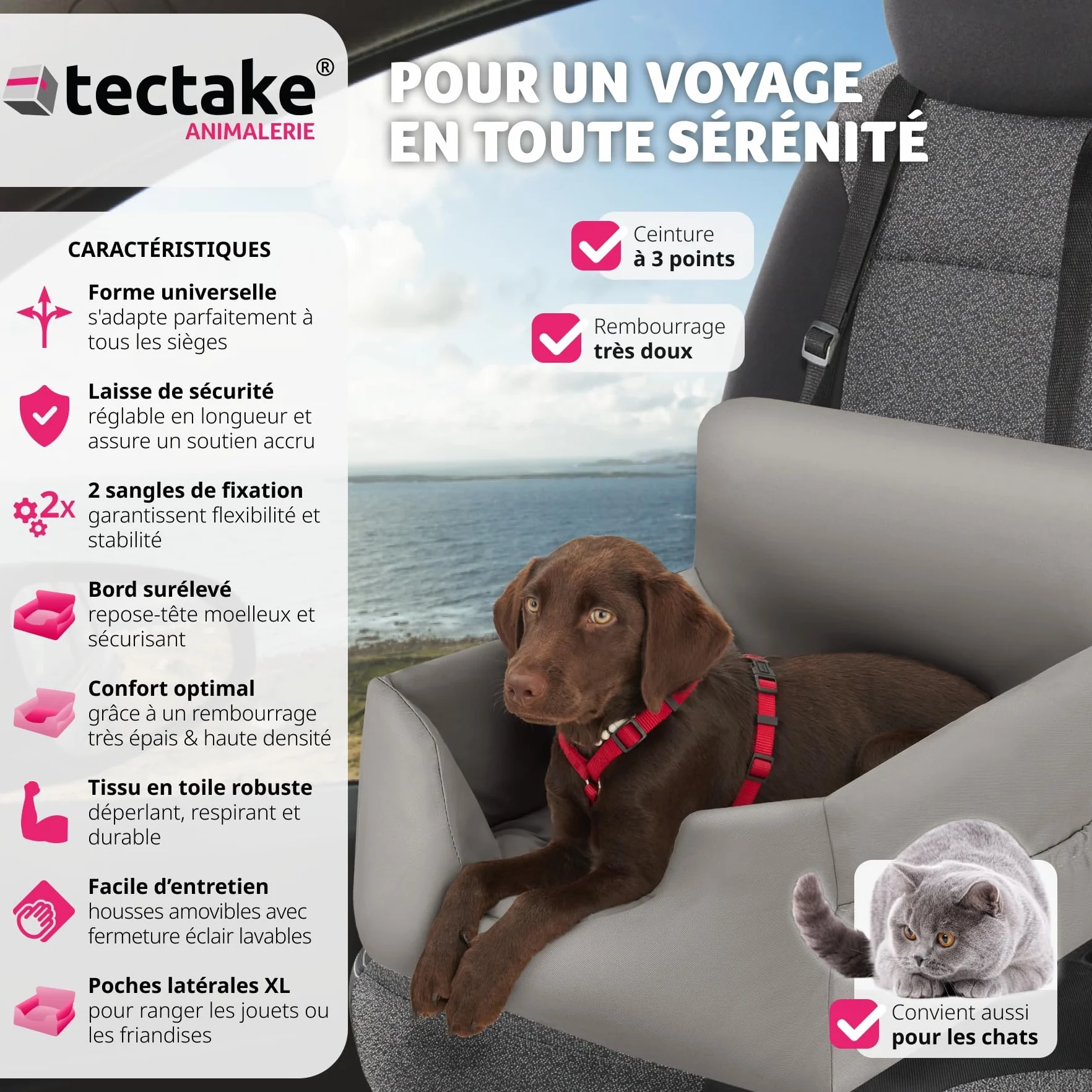 Tectake Siège Auto pour Chien Panier Déhoussable Imperméable Protection Voiture Avant Arrière Ceinture Lit Chien