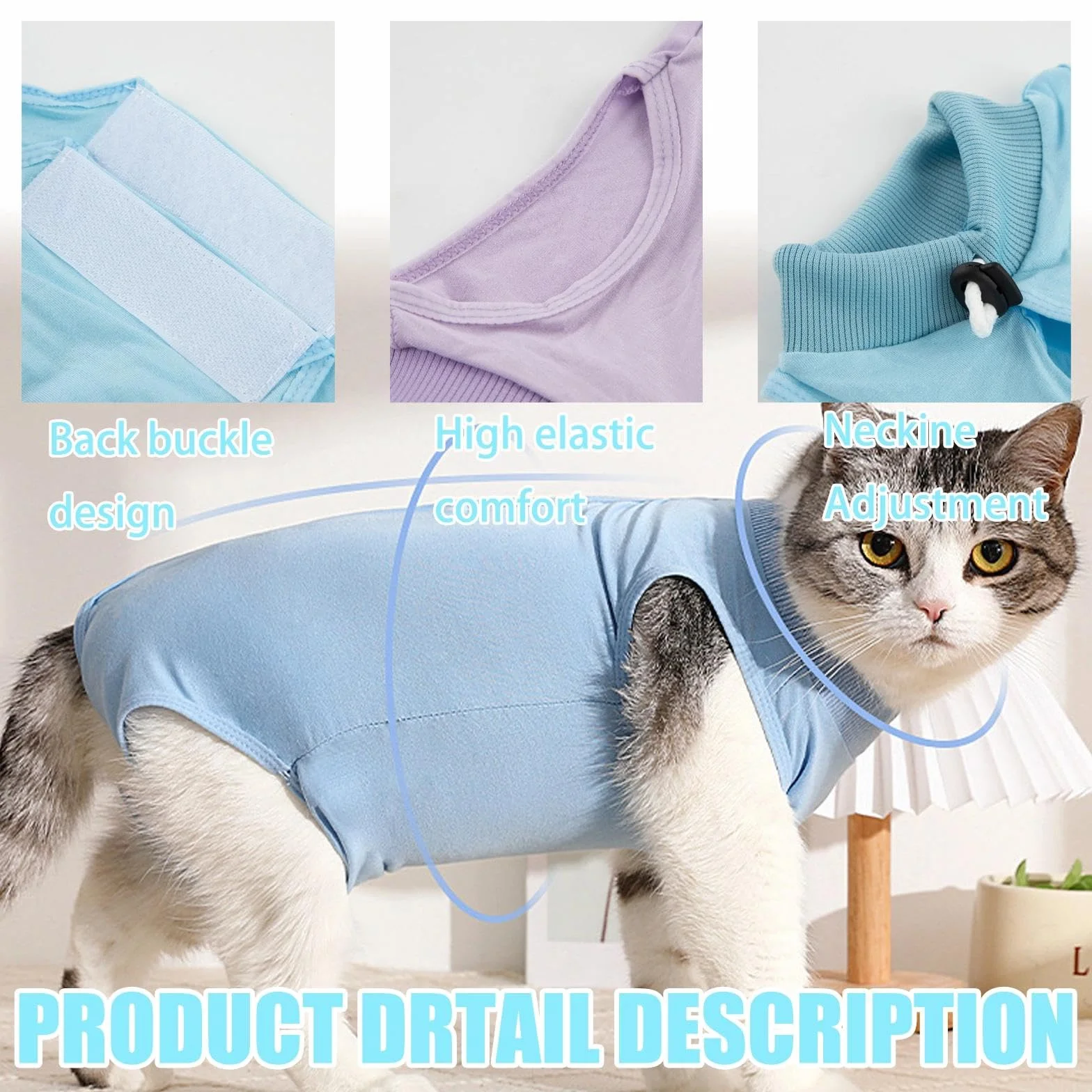 Gilet de Récupération pour Chat Post-Opératoire Anti-Léchage, Combinaison de Stérilisation Violet + Bleu (M)