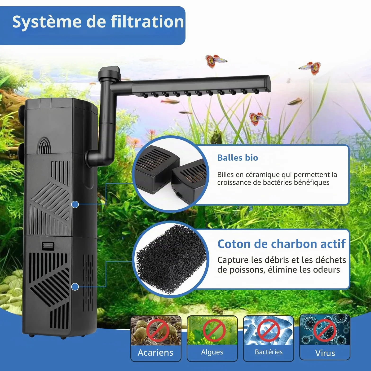 hygger Filtre Interieur Aquarium 600L/H Débit Réglable 10W 60-120L
