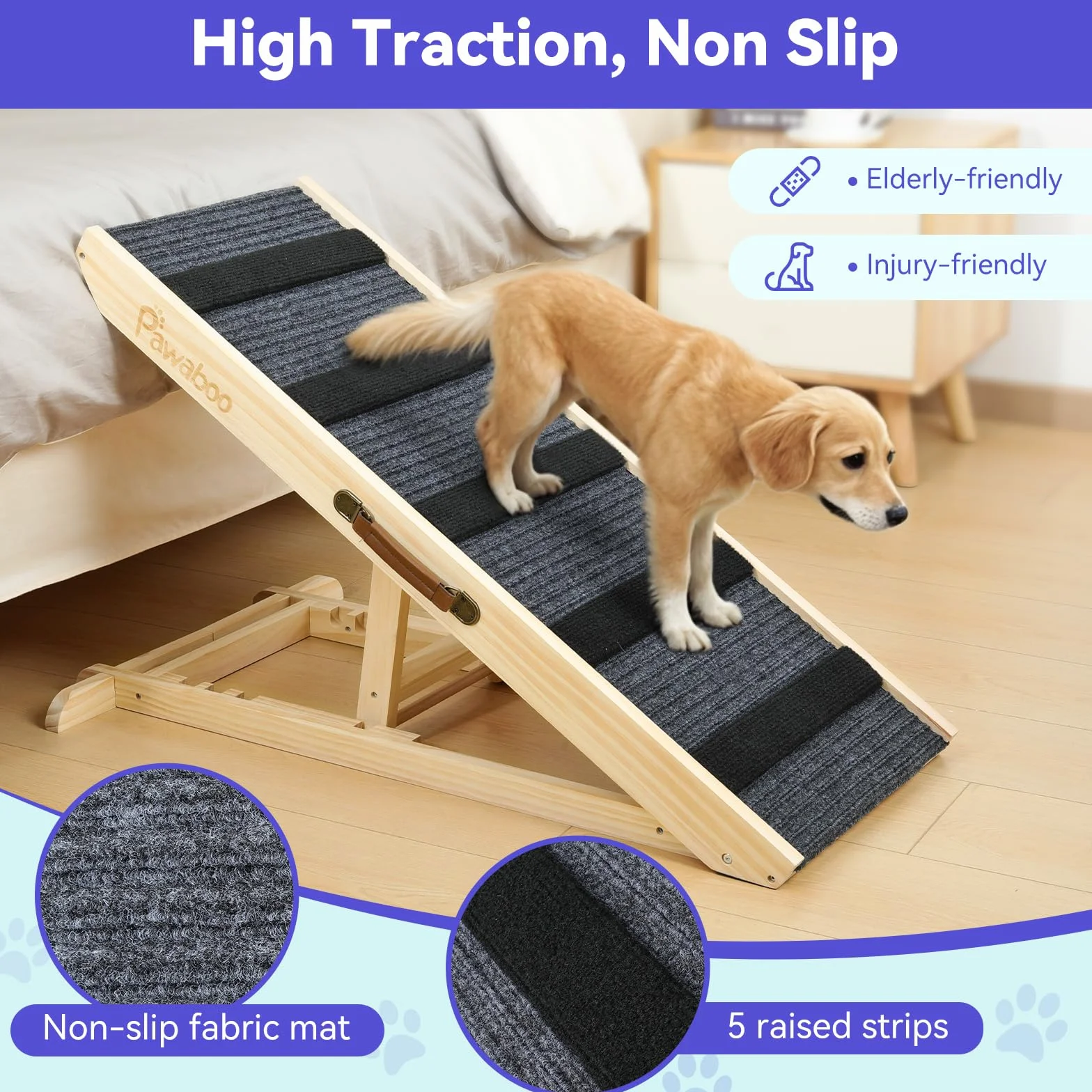 Pawaboo 100 * 40cm Rampe Portable en Bois, Escalier Adjustable pour Chien avec 4 Hauteurs Réglables de 11,6'' à 22,4'', Rampe pour Chien Chat à 143lbs pour Canapé Auto Lit, Extra Large, Bois