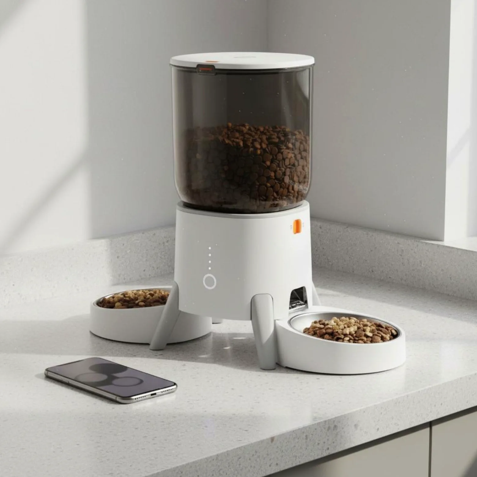 Distributeur Automatique de Croquettes Gamelle Connectée Nourrisseur Temporisé Intelligente Appareil de Distribution, Distributeur Intelligent avec APP, Gamelle en Acier Inoxydable, 4L