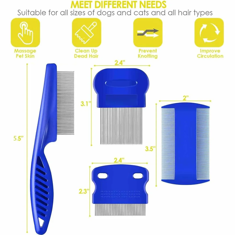 Set de 4 peignes anti puces pour chats et chiens, peigne de toilettage multifonctionnel