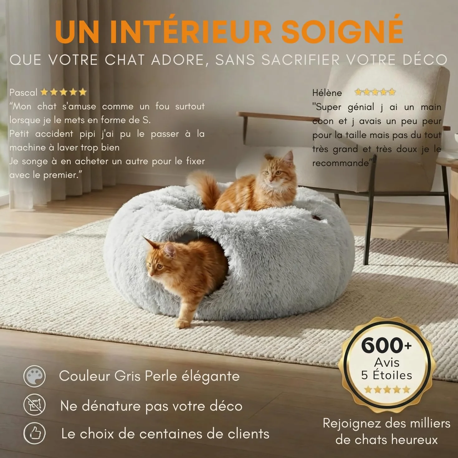 One PETS-TOP Tunnel Chat Rond XXL en Peluche Douce – Lit Tunnel Cachette Confort – Cabane Intérieure pour Chat – Cat Tunnel (Gris Perle)