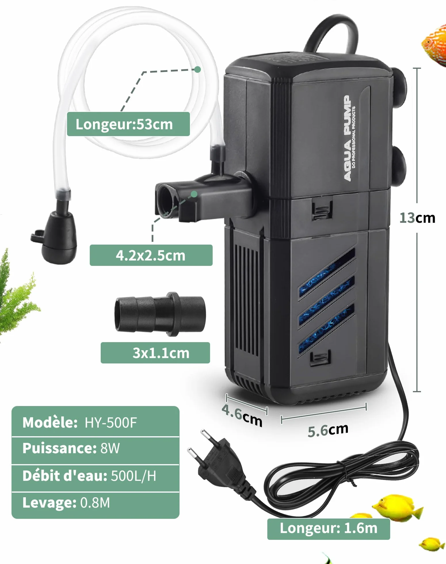 Filtre Intérieur Aquarium 500L/H 6W Pompe Aquarium Réglable Débit d'Eau Filtre Interne 30-500L avec Éponges Filtrantes