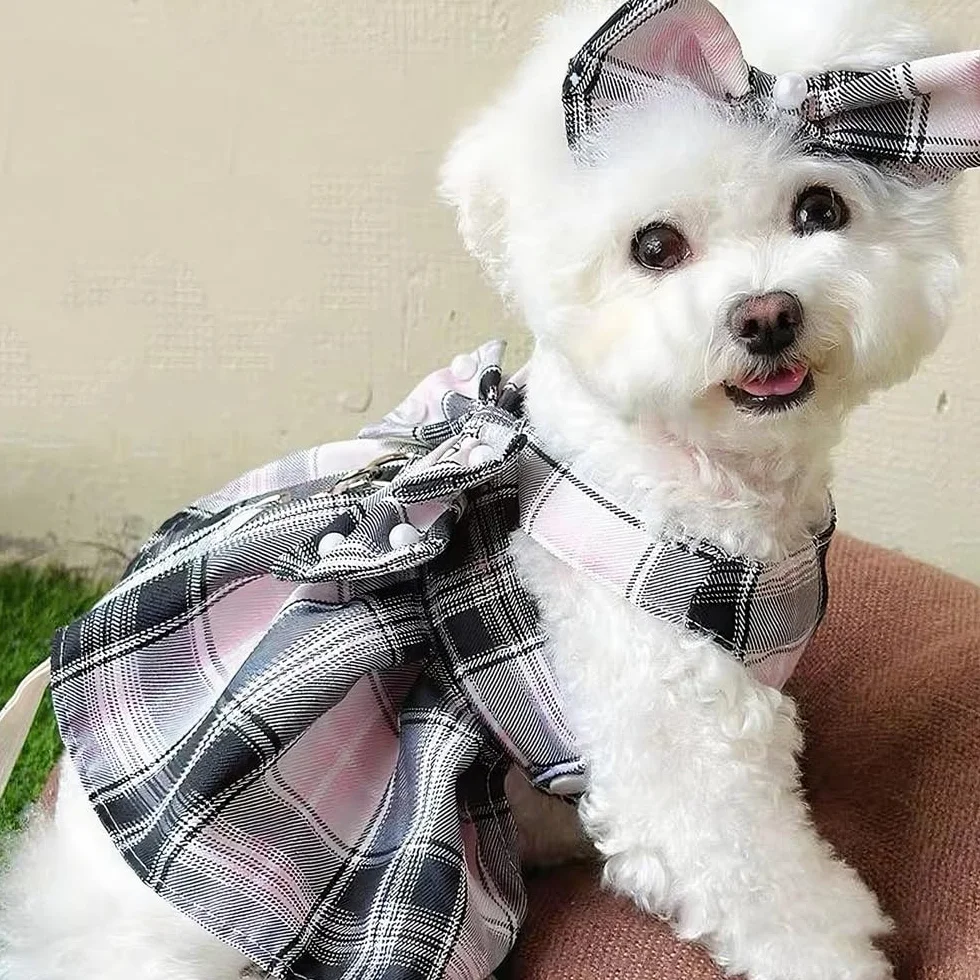 Robe pour Chien Tartan Rose Noir Noeud Papillon Vêtement Canin Respirant Mariage Cérémonies Petit Moyen Grand (S)