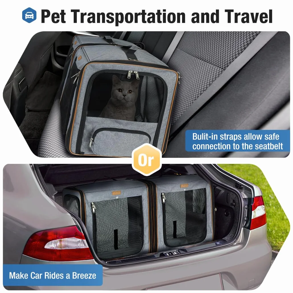 Boîte De Transport 2 en 1 pour Chien et Chat avec Cadre en Fibre Solide, Pliable - Gris