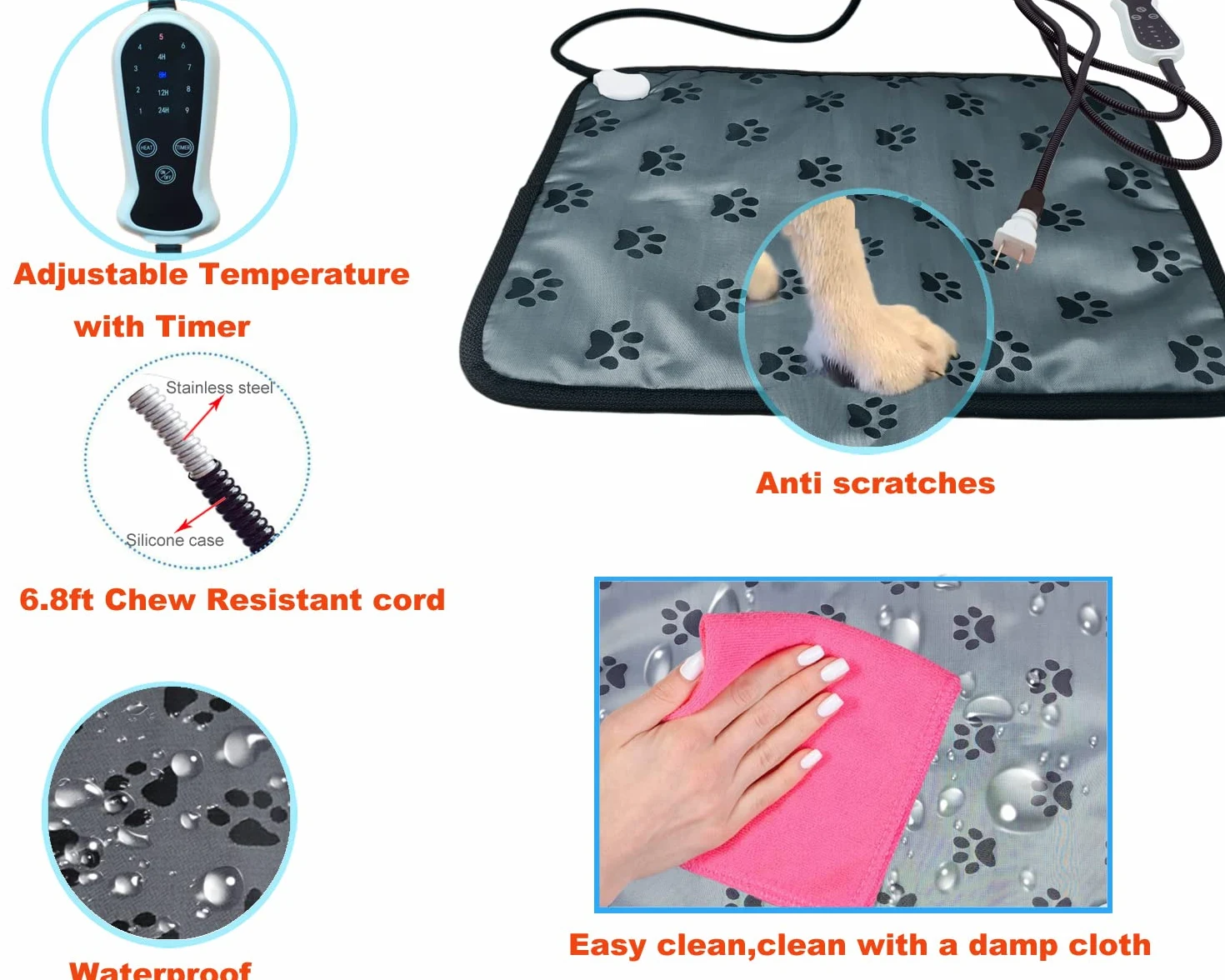 Coussin chauffant pour animaux de compagnie pour grands chiens et chats - Coussin chauffant électrique avec minuterie réglable - Résistant à la mastication - Facile à nettoyer