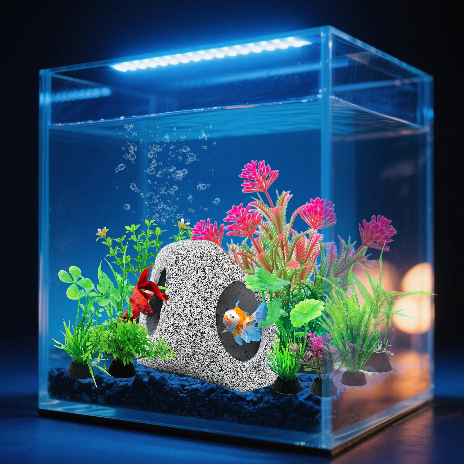 SLOCME Ensemble de 10 pièces de roches et de plantes pour aquarium - Décorations en plastique colorées et abris en céramique