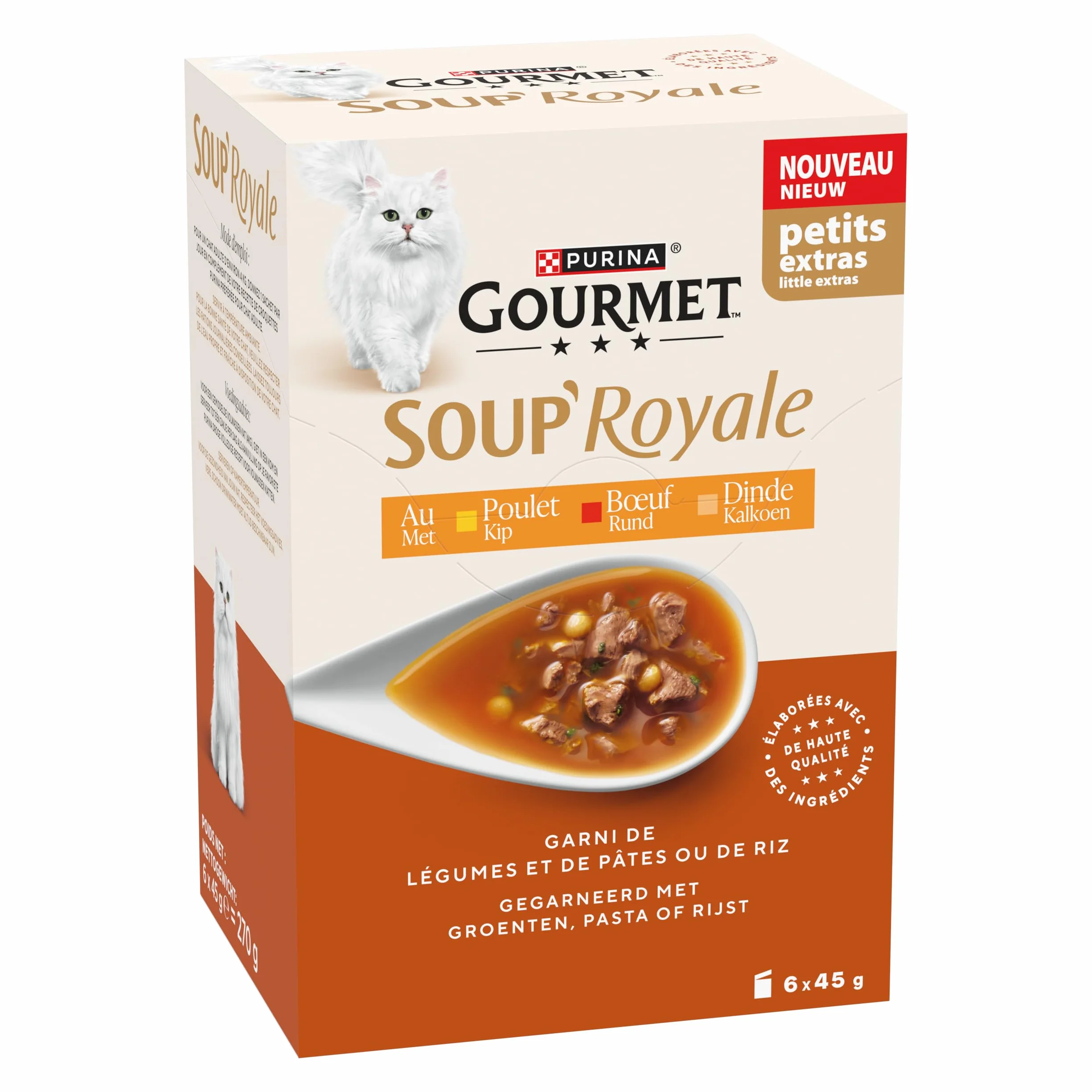 GOURMET | Soup Royale | Soupe Exquise à la Viande | Aliment Complémentaire Humide pour Chat Adulte| Elaboré avec des ingrédients de Haute Qualité | Poulet, Dinde, Bœuf | Sachets Fraîcheur | 6 x 45g