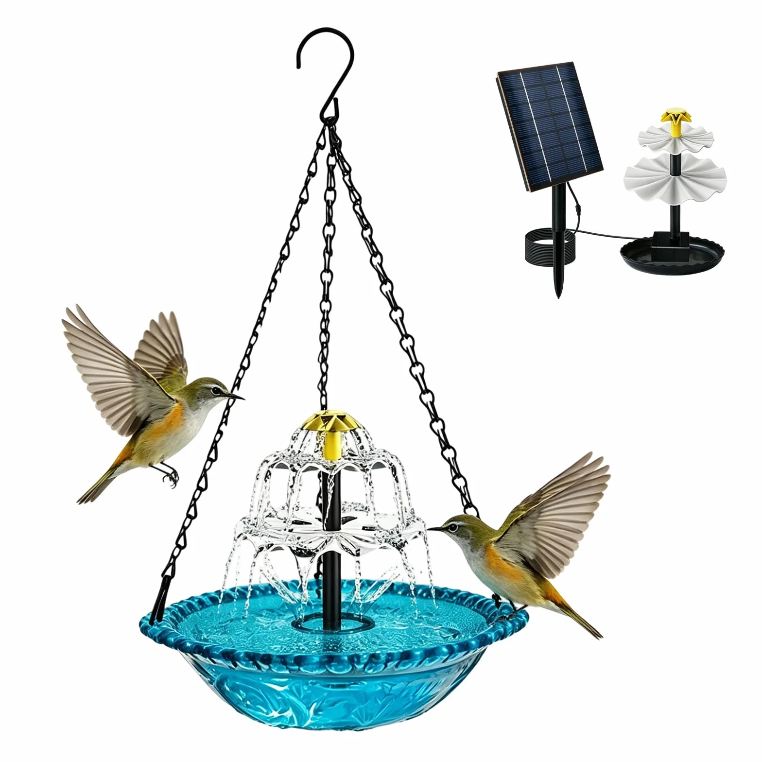 Bain d'oiseaux suspendu 3 niveaux avec fontaine solaire, bleu, chaînes en métal pour jardin