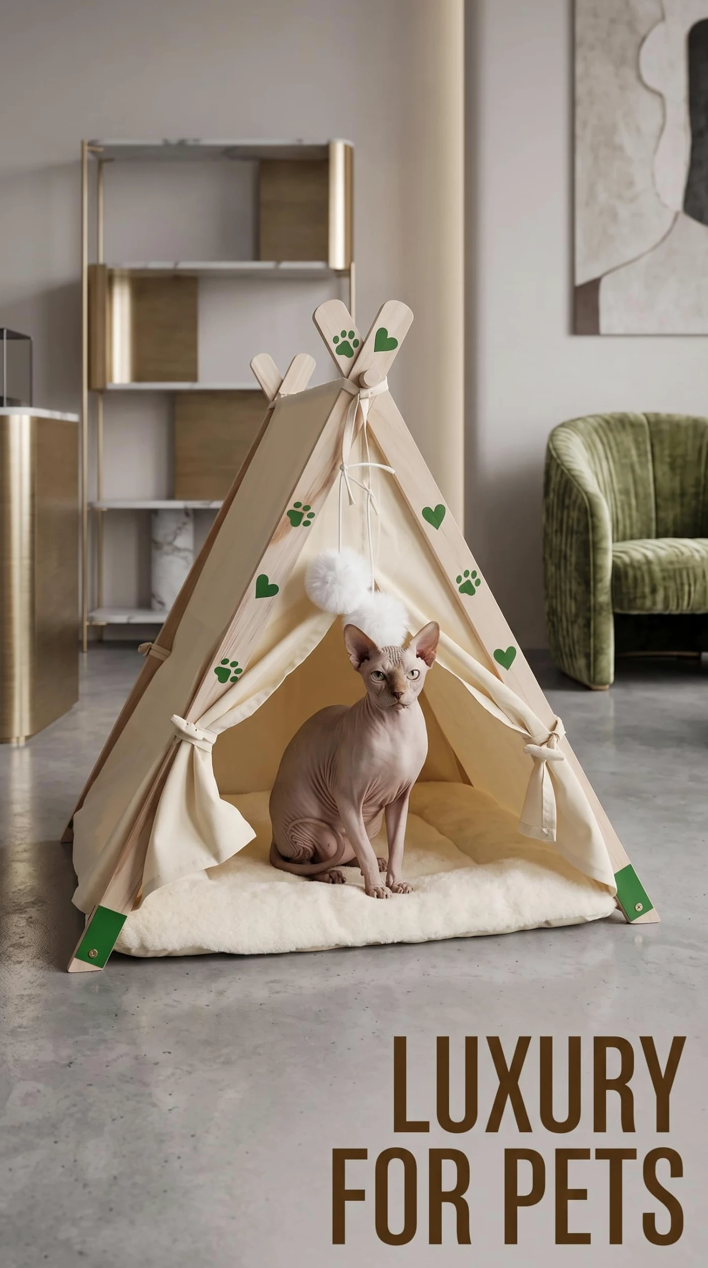 Tipi Lit pour chats et petits chiens – Grotte en bois massif, coton et lin respirant, niche igloo d'intérieur pour animaux de compagnie, chiots, berceau de voyage pliable et portable avec coussin