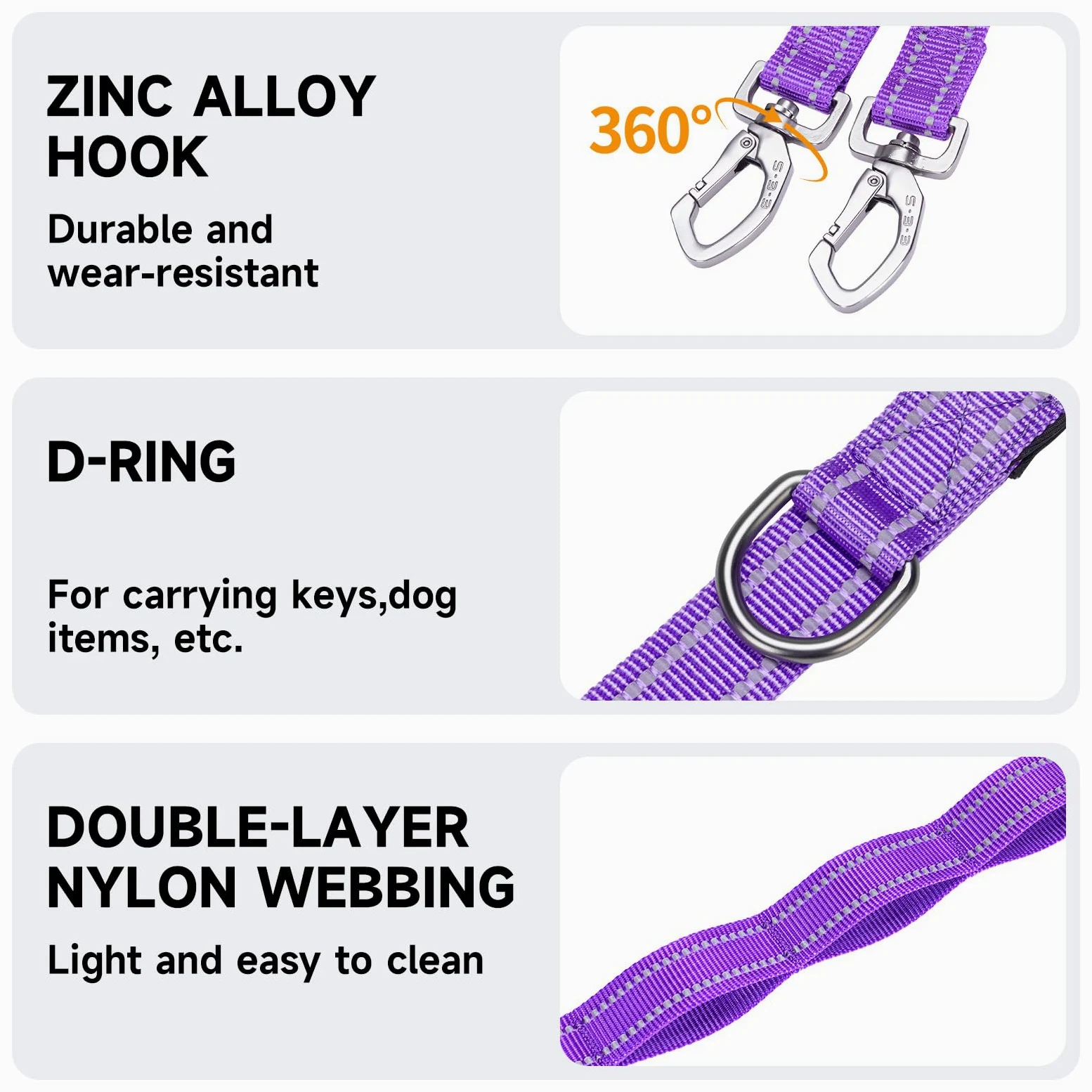 EXCELLENT ELITE SPANKER Laisse double réfléchissante en nylon avec poignée rembourrée pour deux chiens - 1,5 m - Violet