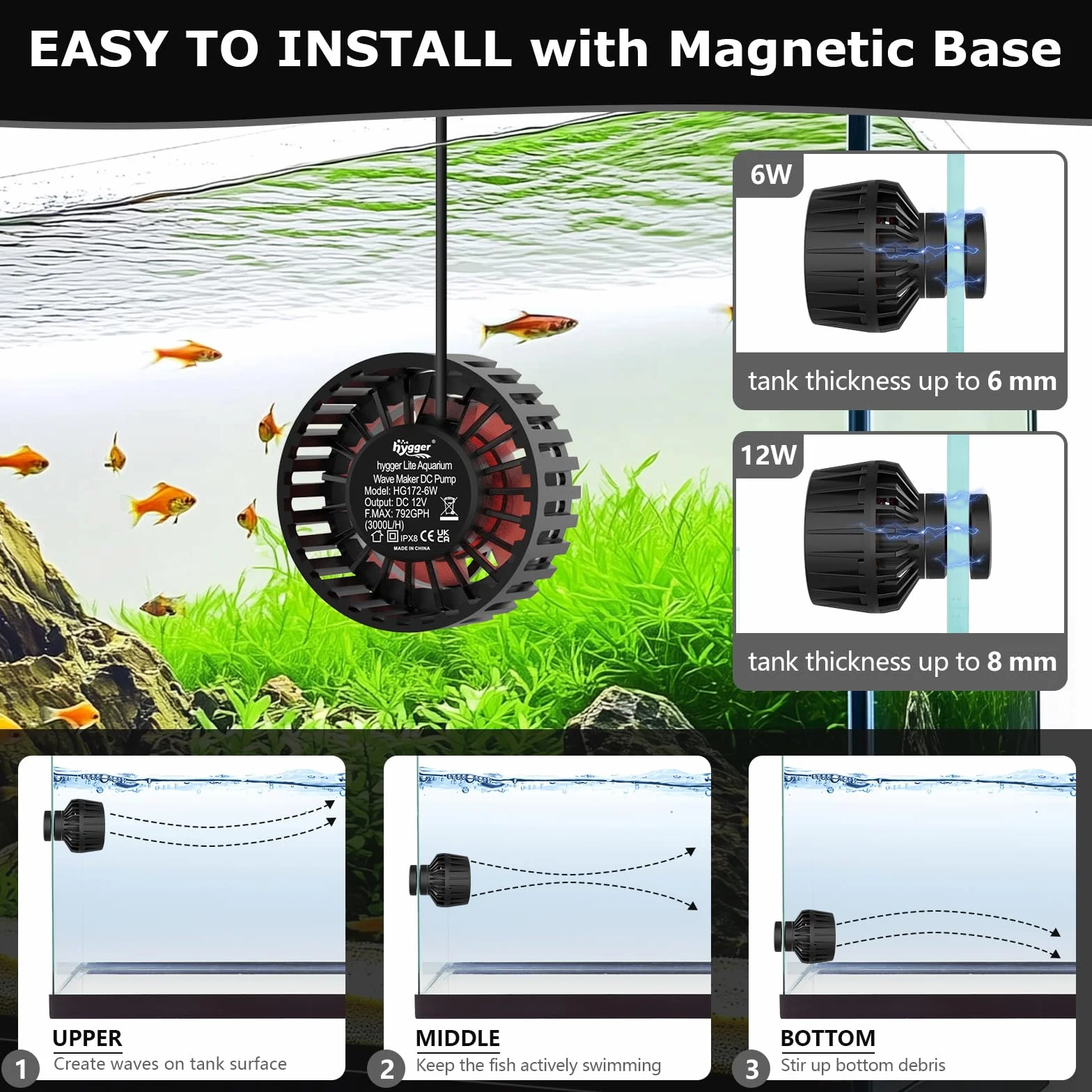 hygger Aquarium DC Créateur de Vagues 6W Pompe à Vagues, 3000LPH, 4 Modes, 38-189L