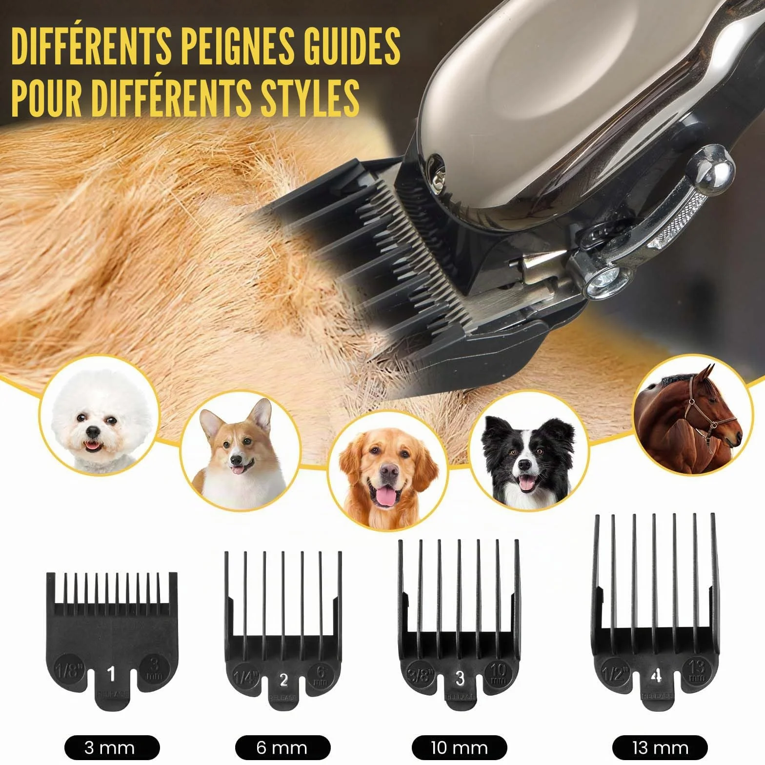 Tondeuse Sans Fil Professionnelle pour Chevaux - Électrique Rechargeable Toilettage Silencieuse - Tondeuse Animaux Poil Long - 4 Guides Inclus