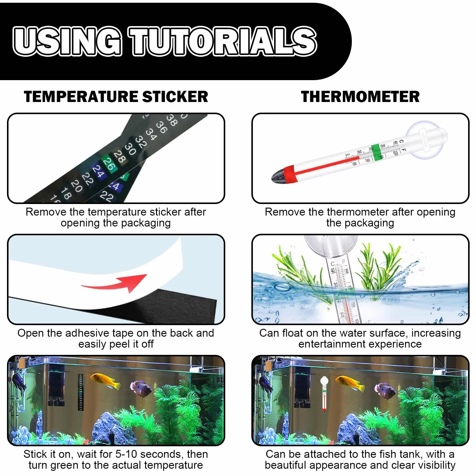 Thermomètre Aquarium Autocollant 2 Pièces + 3 Pièces, Mesure Précise, Affichage Clair, pour Tortues Poissons