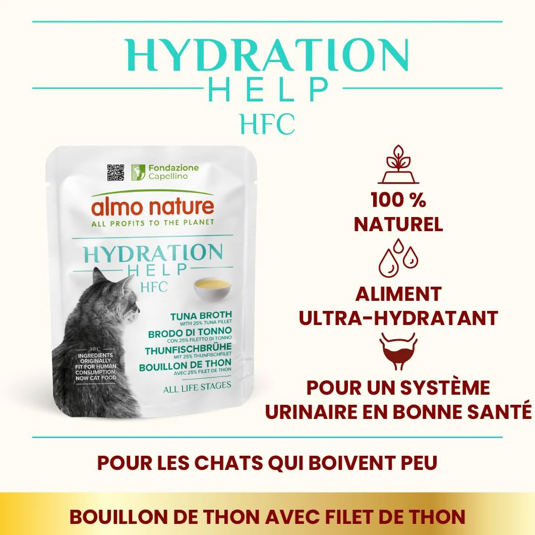 Almo Nature HFC Hydration Help Aliment Humide pour Chats Bouillon de Thon et Filet de Thon sans Gluten Monoprotéique 50g Pack de 24 1,2 kg