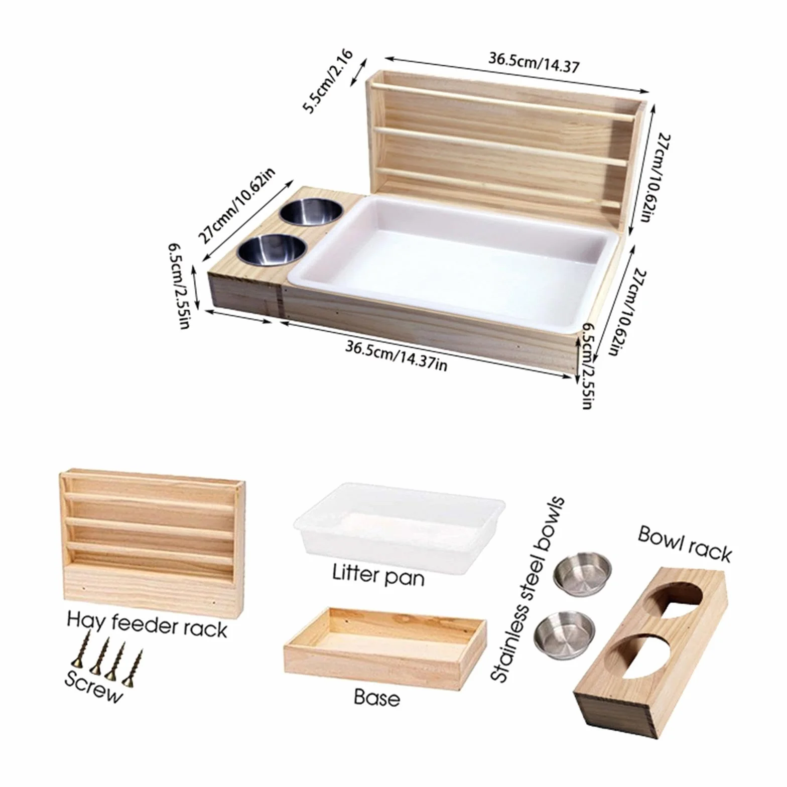 Râtelier à Foin en Bois 3 en 1 pour Lapin, Mangeoire avec Bols, Accessoire Cage