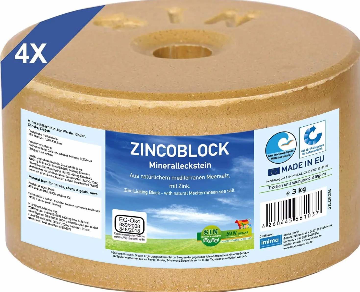 ZINCOBLOCK Lot de 4x3 kg Pierre à lécher minérale pour Chevaux Zinc Fer Cobalt Sélénium sel méditerranéen