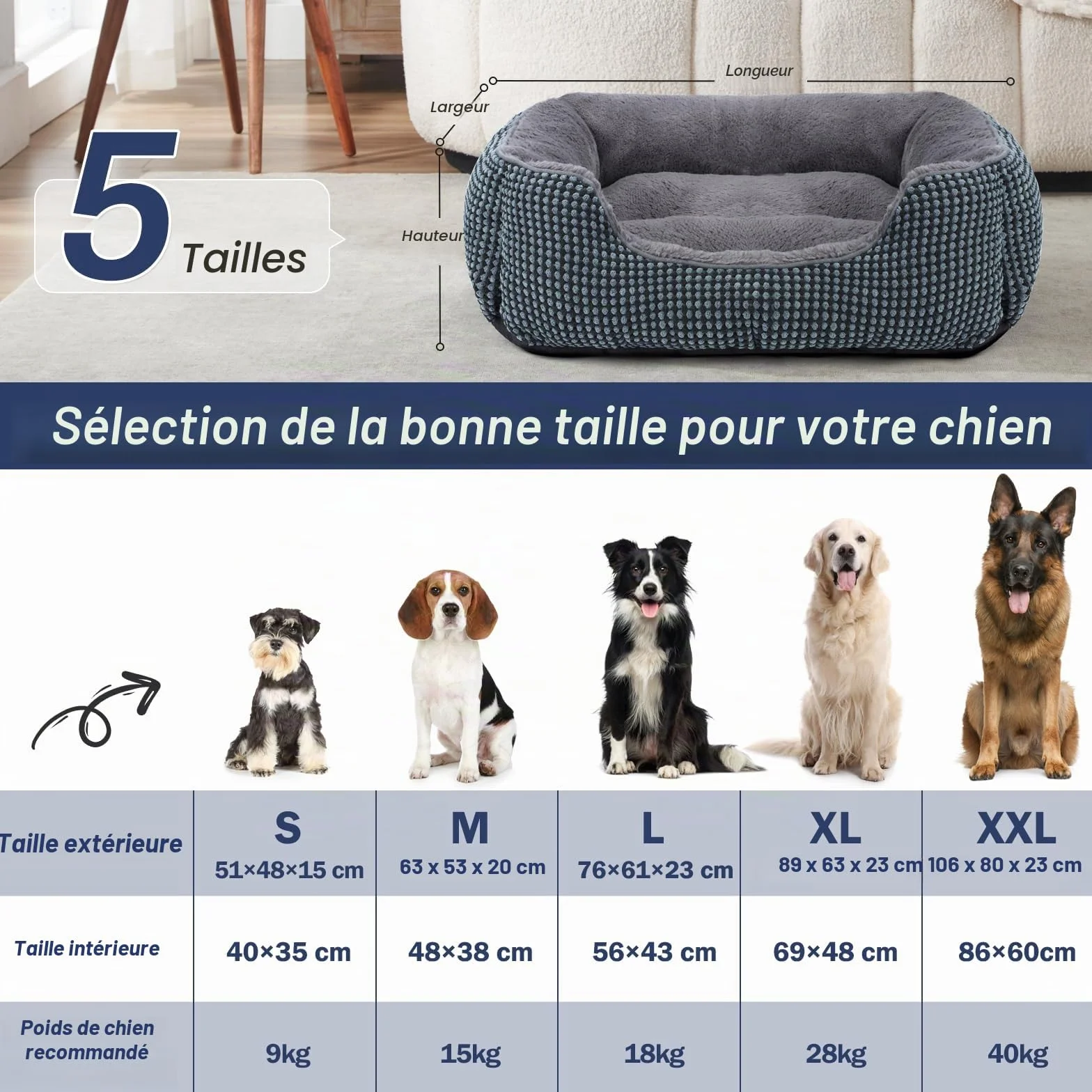 FURTIME Panier pour Chien Moyen, Lit Chien Lavable Duveteux, Antidérapant Coussin Anti-anxiété, 76x61x23cm