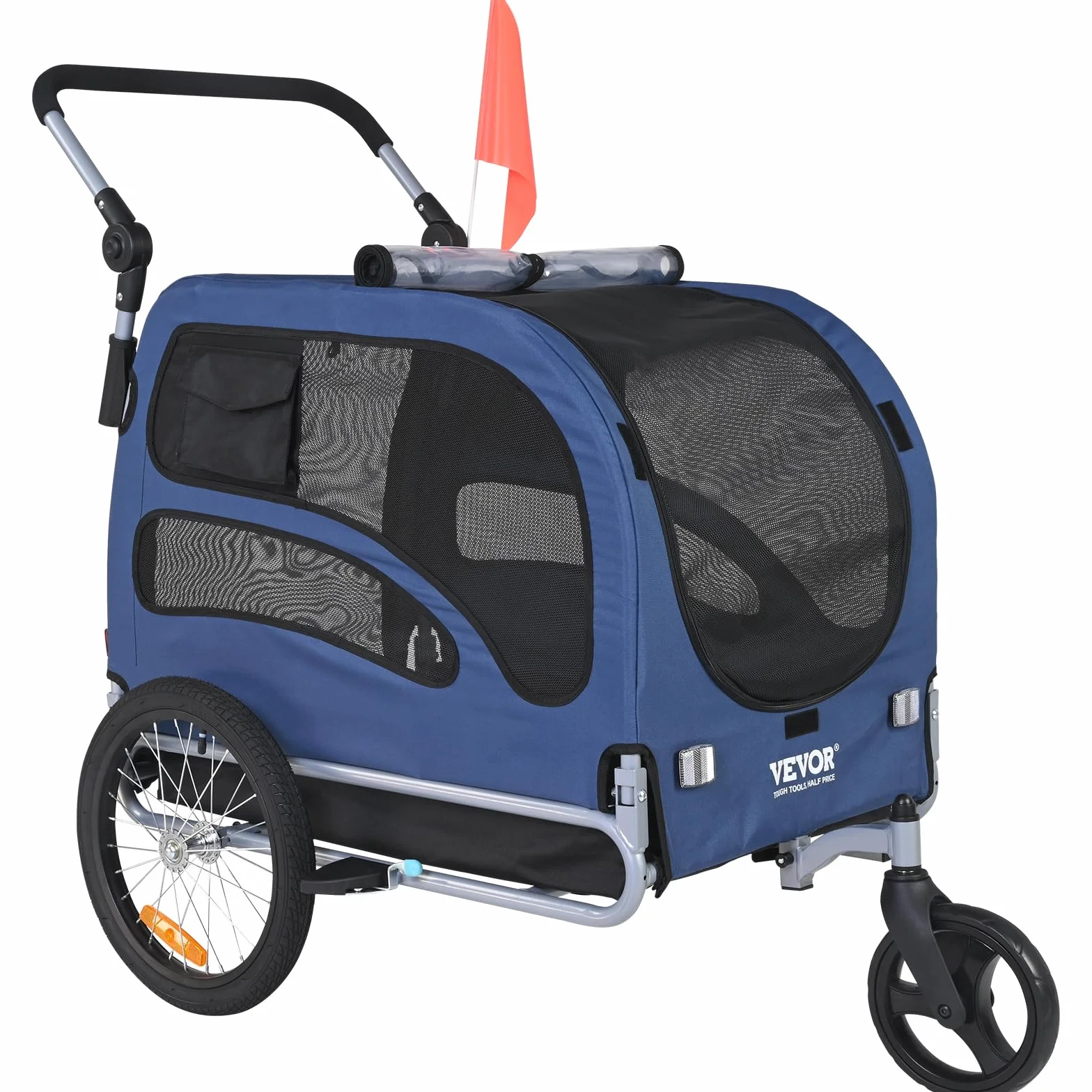 VEVOR Remorque de Vélo Chien Pliable 45 kg Poussette Animaux 2en1 Roues Dégagement Rapide Bleu/Noir