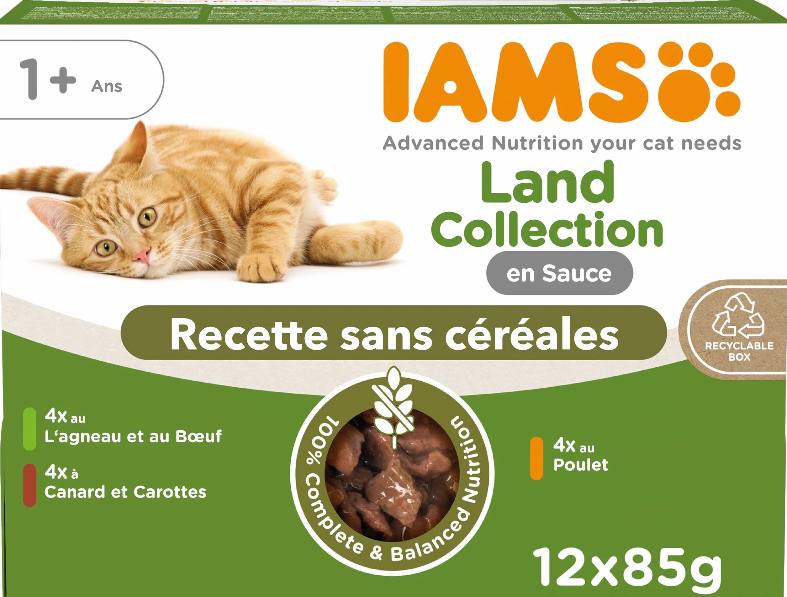 IAMS Delights Land Collection Nourriture Humide pour Chat sans céréales – Multipack avec Viande, variétés en Sauce, Nourriture Humide sans céréales pour Chats à partir de 1 an, 12 x 85 g