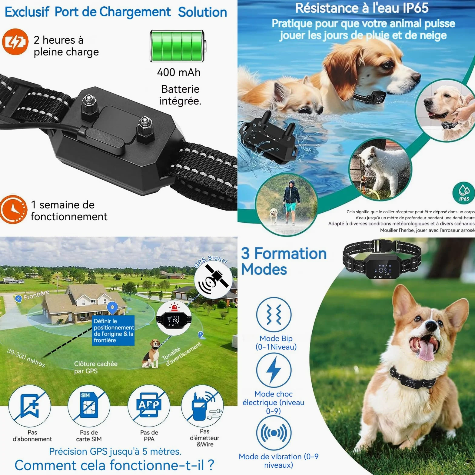 Collier Anti aboiement de Dressage Confozen 3 Warning Modes-Sangle réfléchissante réglable-Rayon de portée 30-300 m pour 15-120LBS GPS Dog Collar