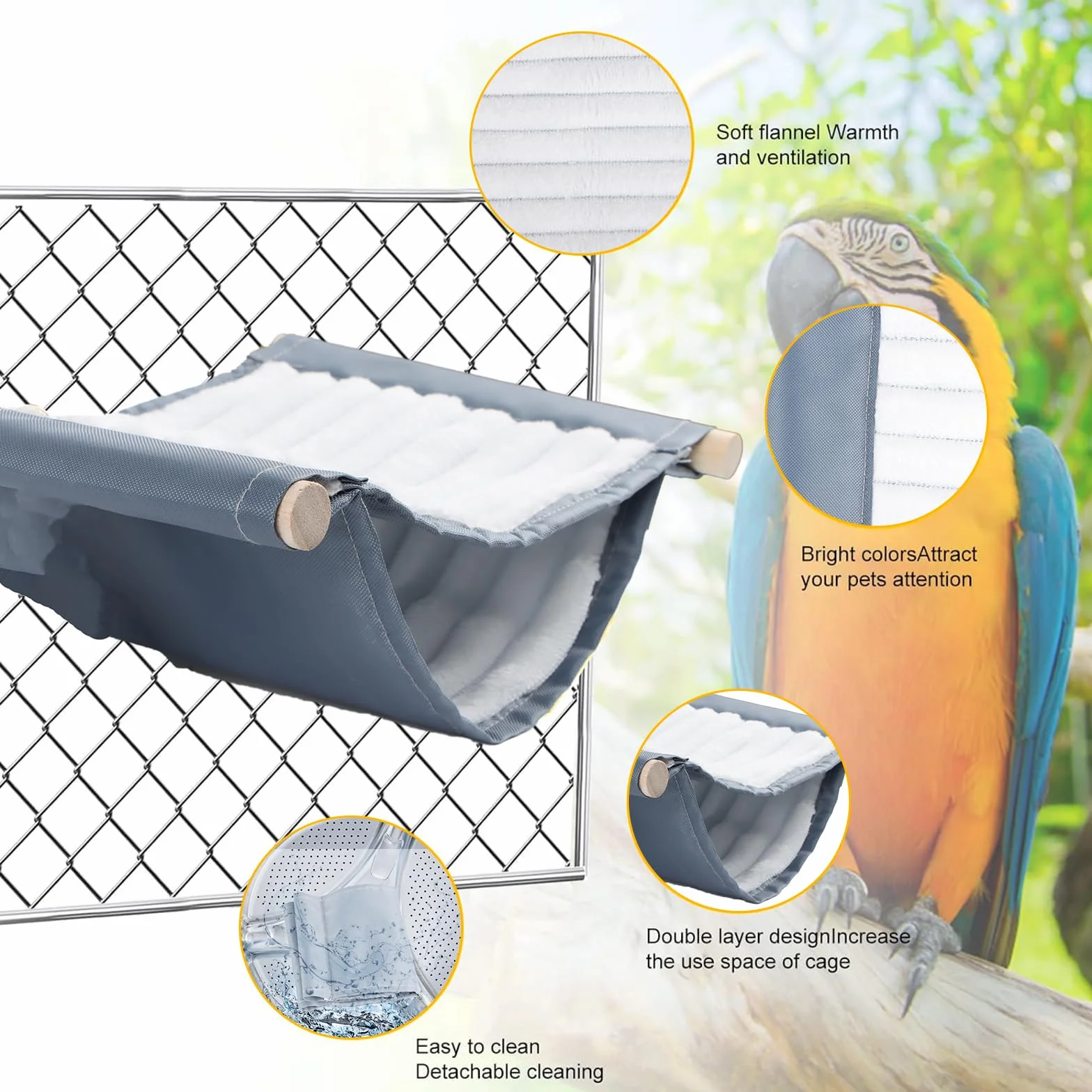 Hamac suspendu pour oiseaux Nid d'oiseau Cage accessoires Jouet Lit superposé gris