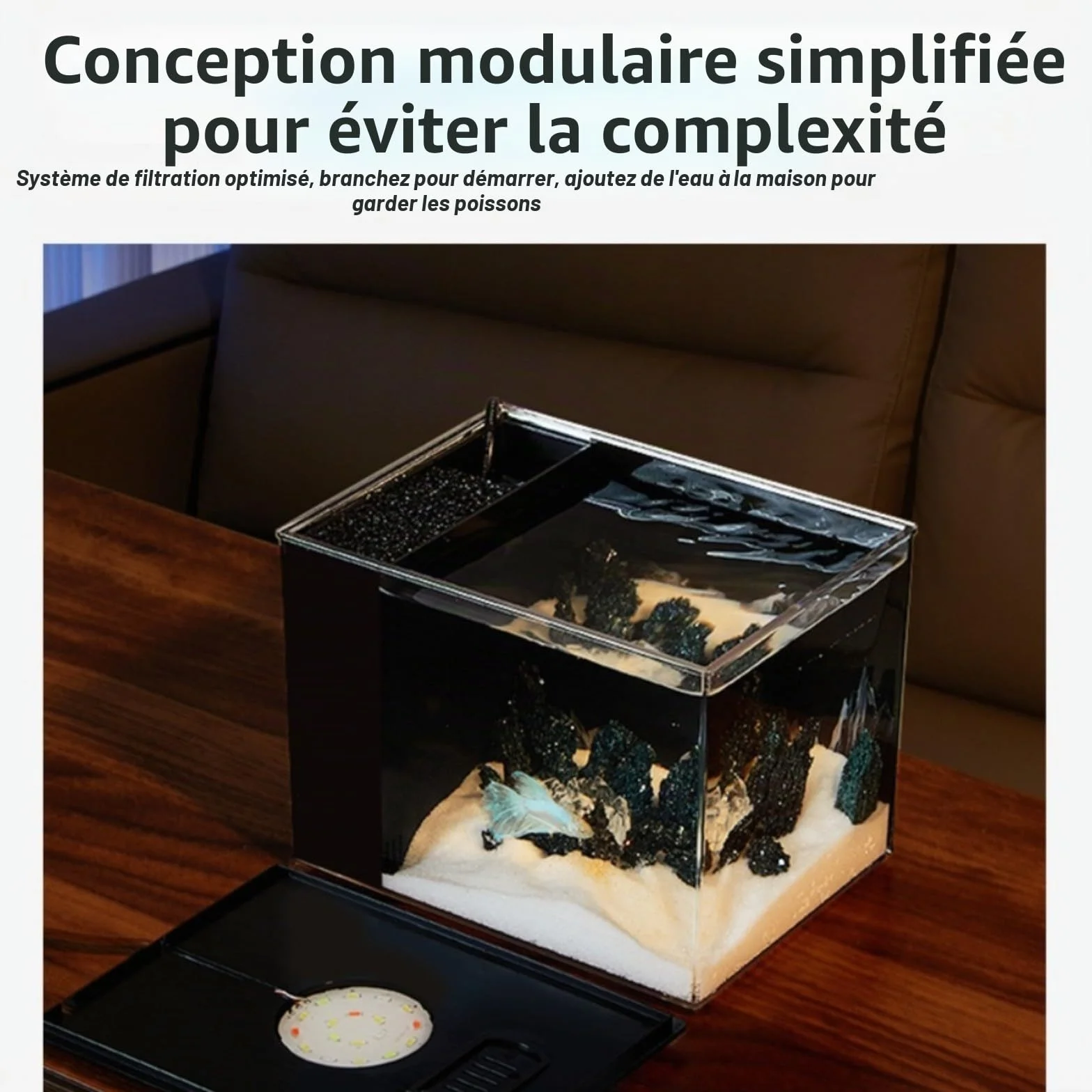 Aquarium de table avec filtre latéral, filtration améliorant l'oxygène, pompe de débit 160 l/h, luminosité réglable à 10 niveaux et éclairage LED (S)