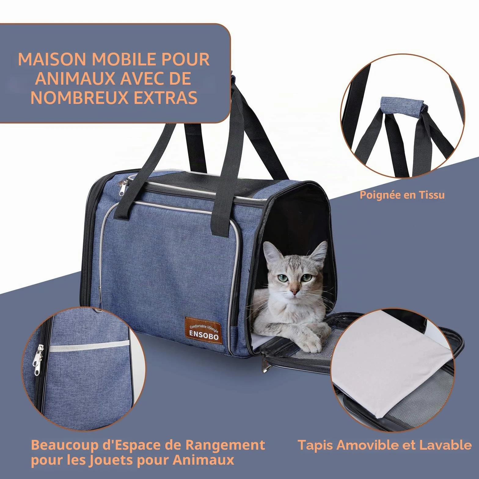 ENSOBO Sac Transport Chat Chien, Matériau Denim Résistant aux Rayures, Sac de Transport pour Animal de Compagnie avec Matelas Souple, Caisse Transport Respirant Confortable