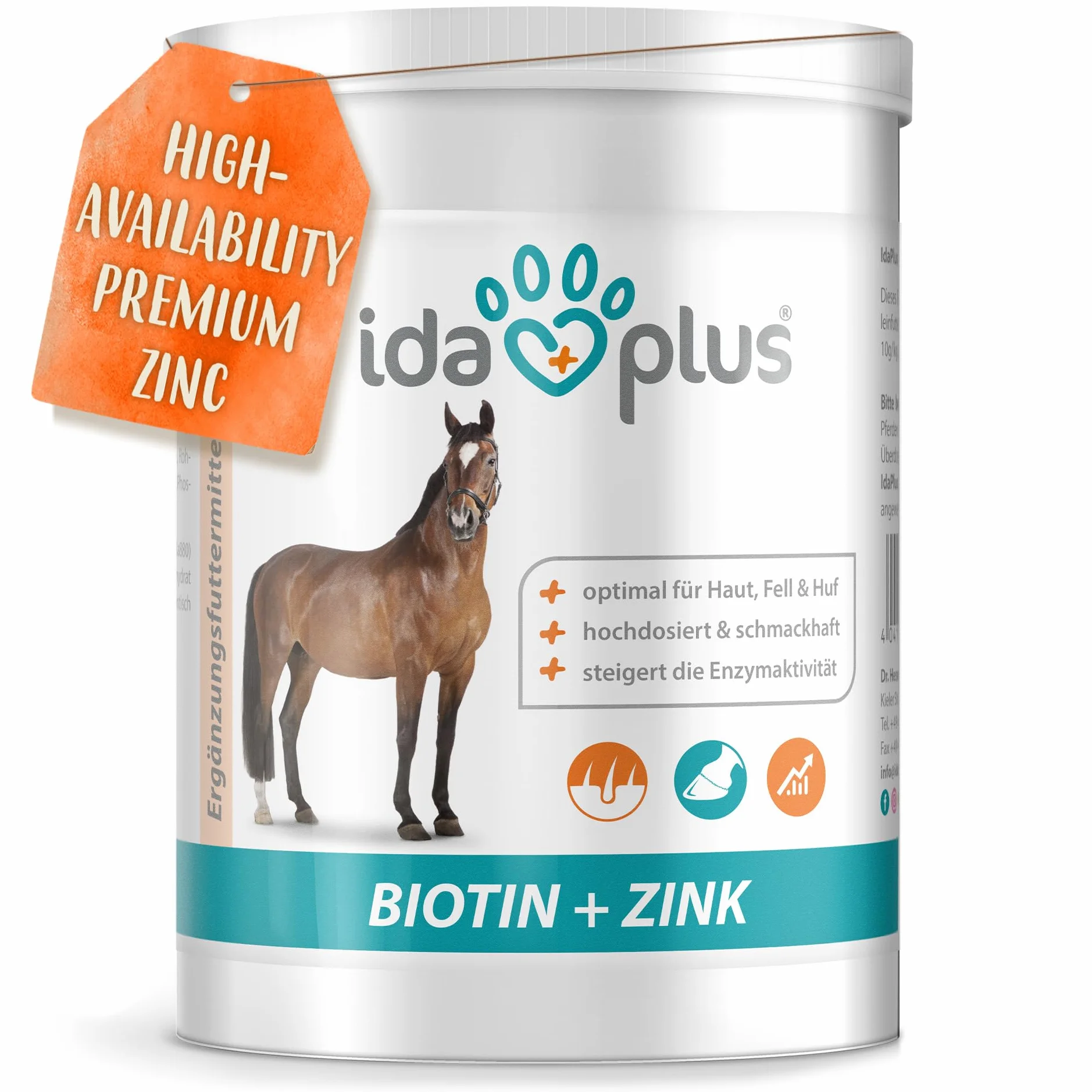 Ida Plus Biotine + Zinc - Soin complet - Hautement dosé - VAINQUEUR DU COMPARATIF - Zinc Premium pour chevaux - Améliore la qualité des sabots - Pour la peau, le pelage & le système immunitaire - 750g