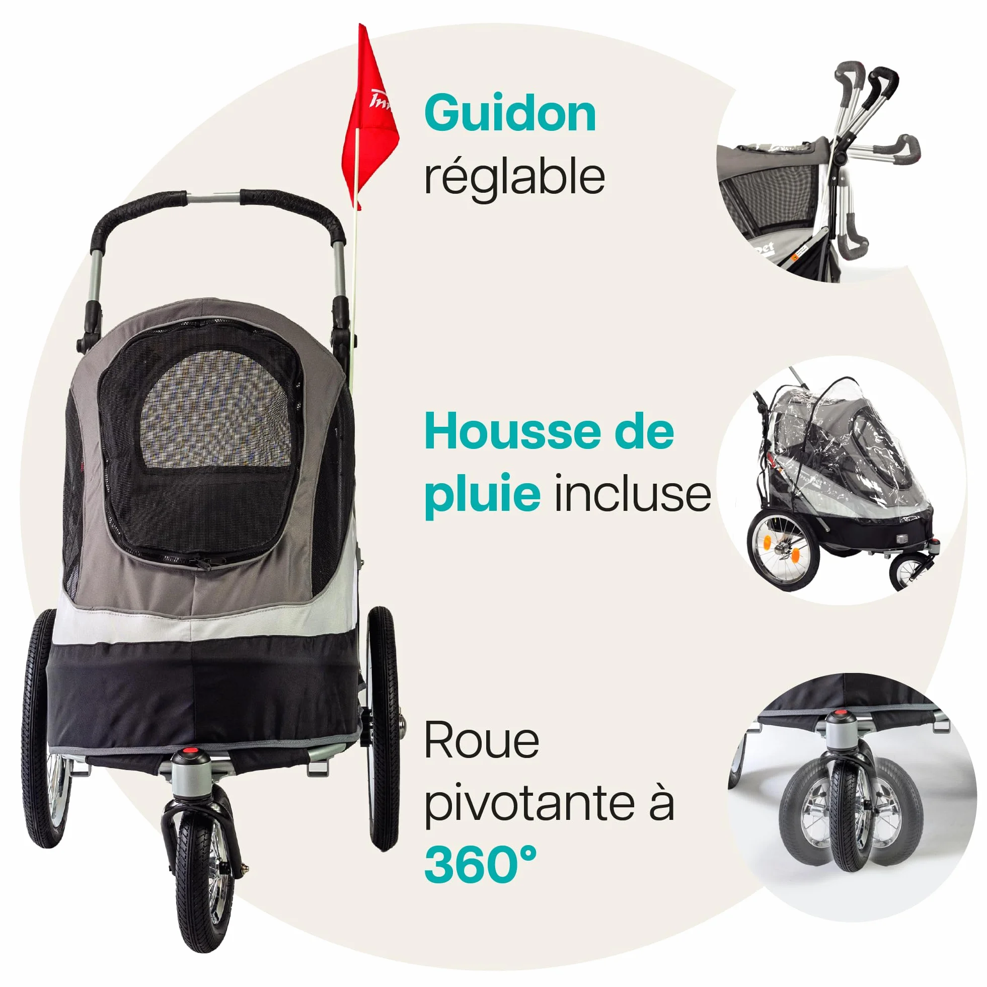 Innopet Sporty Dog Trailer Deluxe Noir/Argent - Poussette pour chien et remorque pour vélo 2 en 1, capacité 30 kg